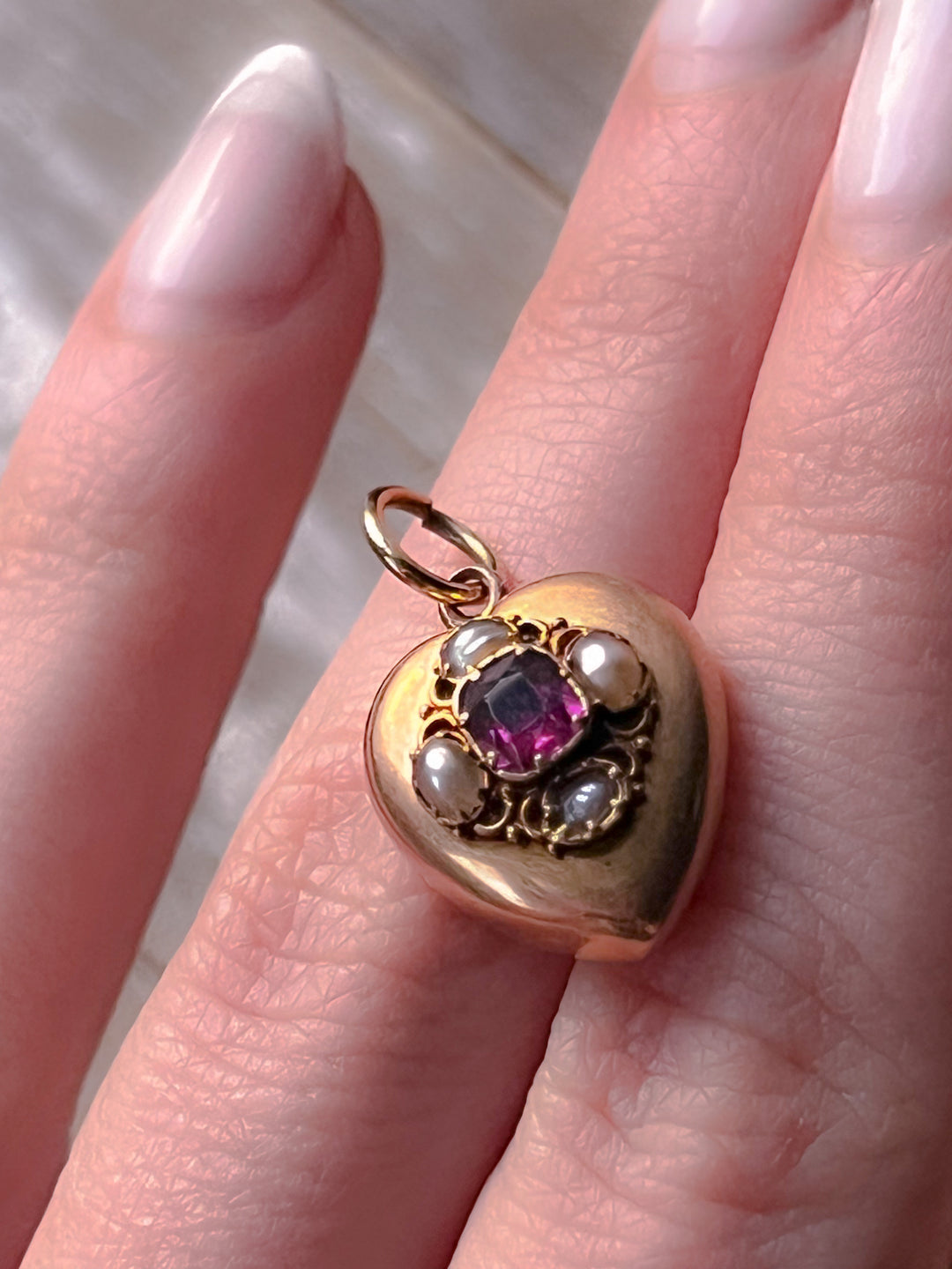15k Victorian Puffy Heart Pendant With Tourmaline and Pearls
