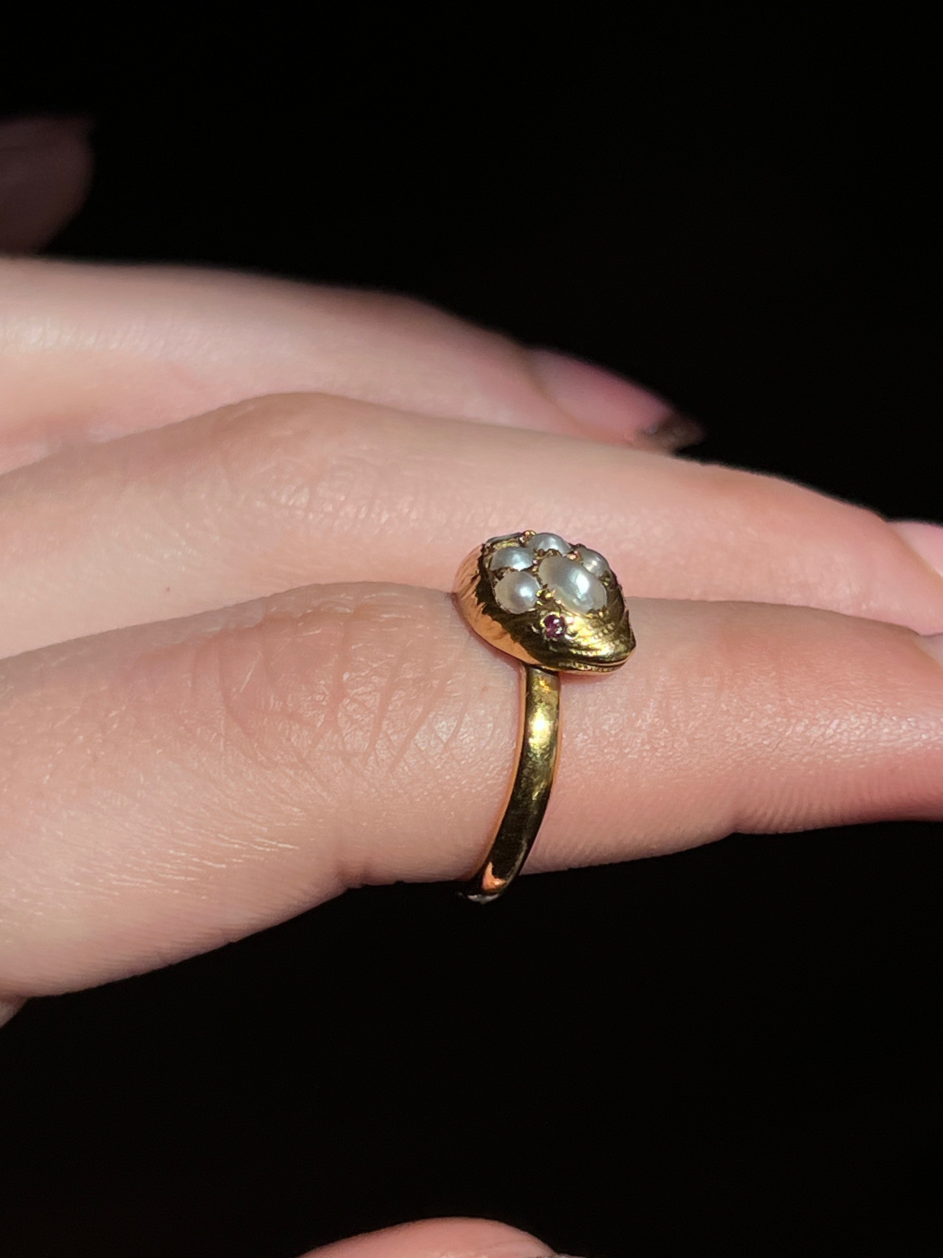 Exceptional 18ct 19th C Pearl and Garnet Snake Ring