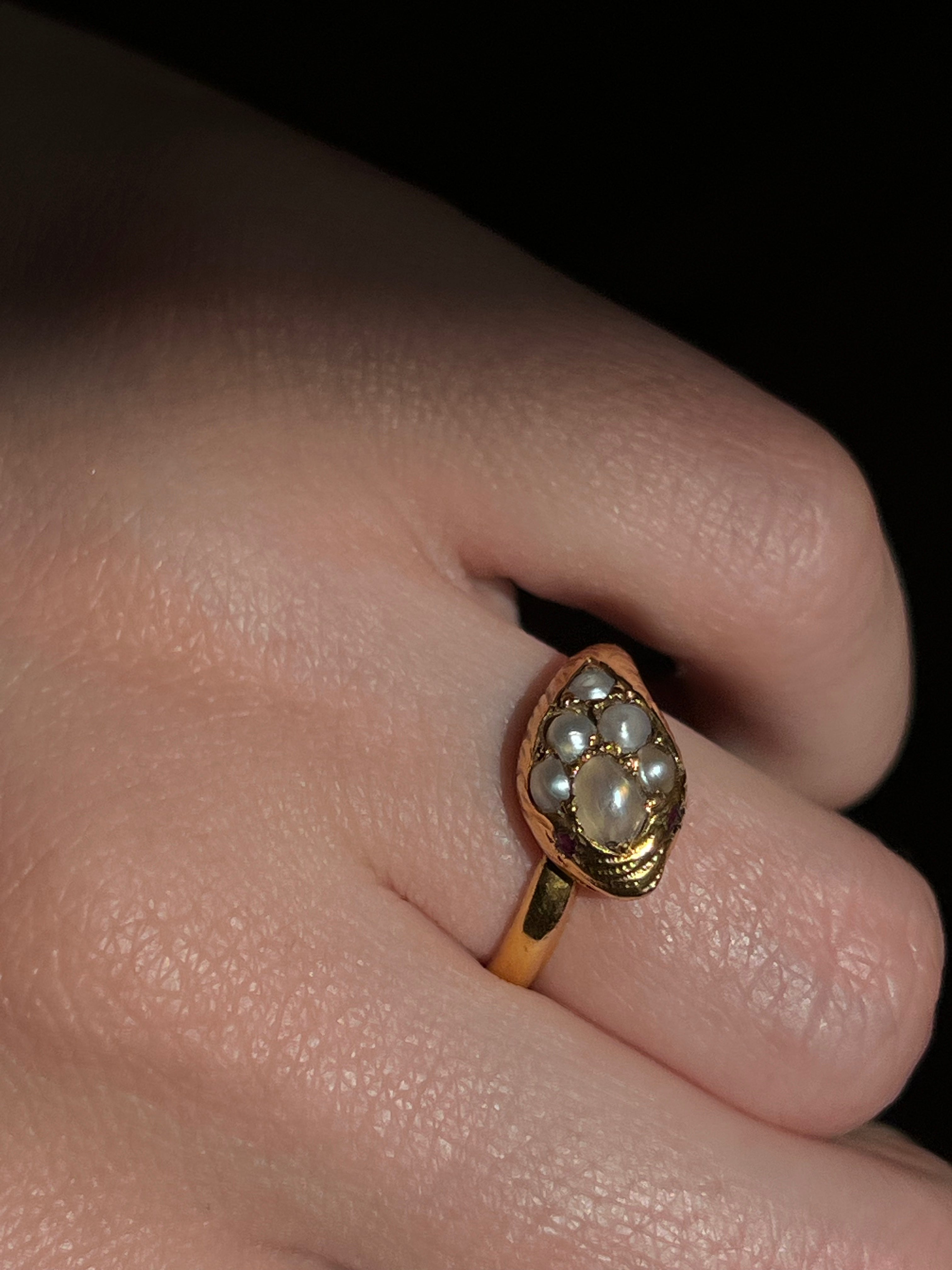 Exceptional 18ct 19th C Pearl and Garnet Snake Ring