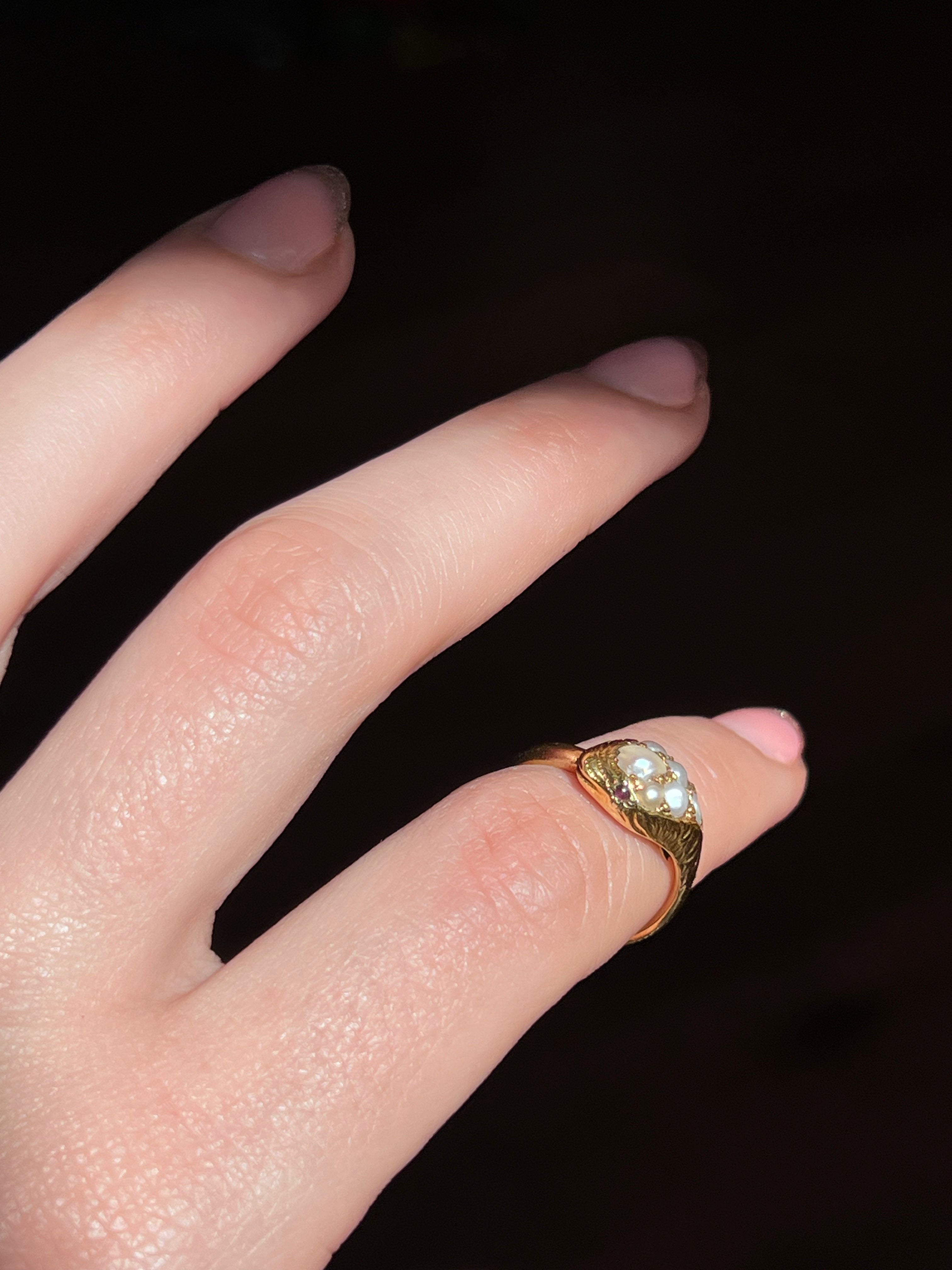 Exceptional 18ct 19th C Pearl and Garnet Snake Ring
