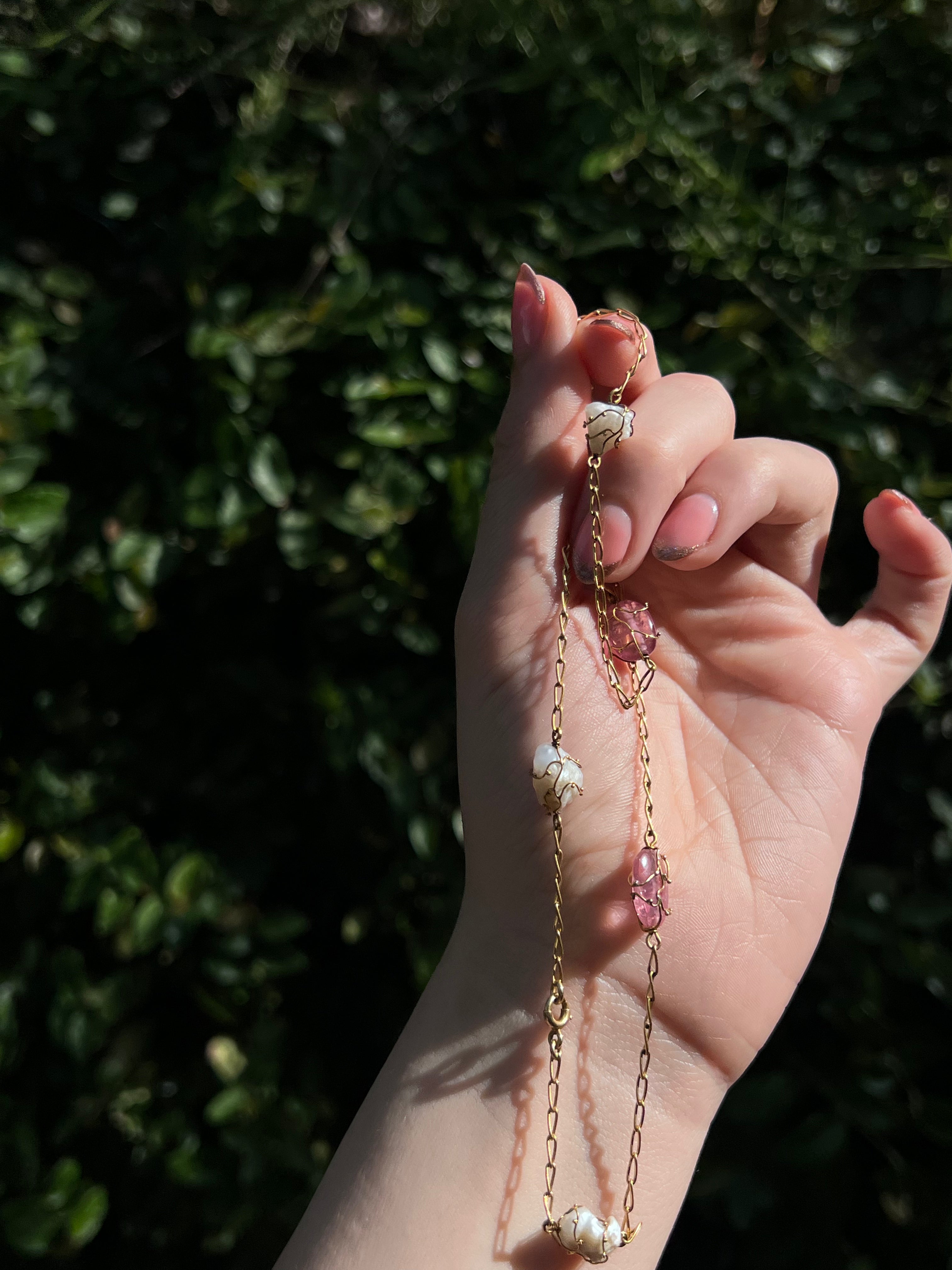 Outstanding 19th C Art Nouveau Pearl and Tourmaline Chain 18ct