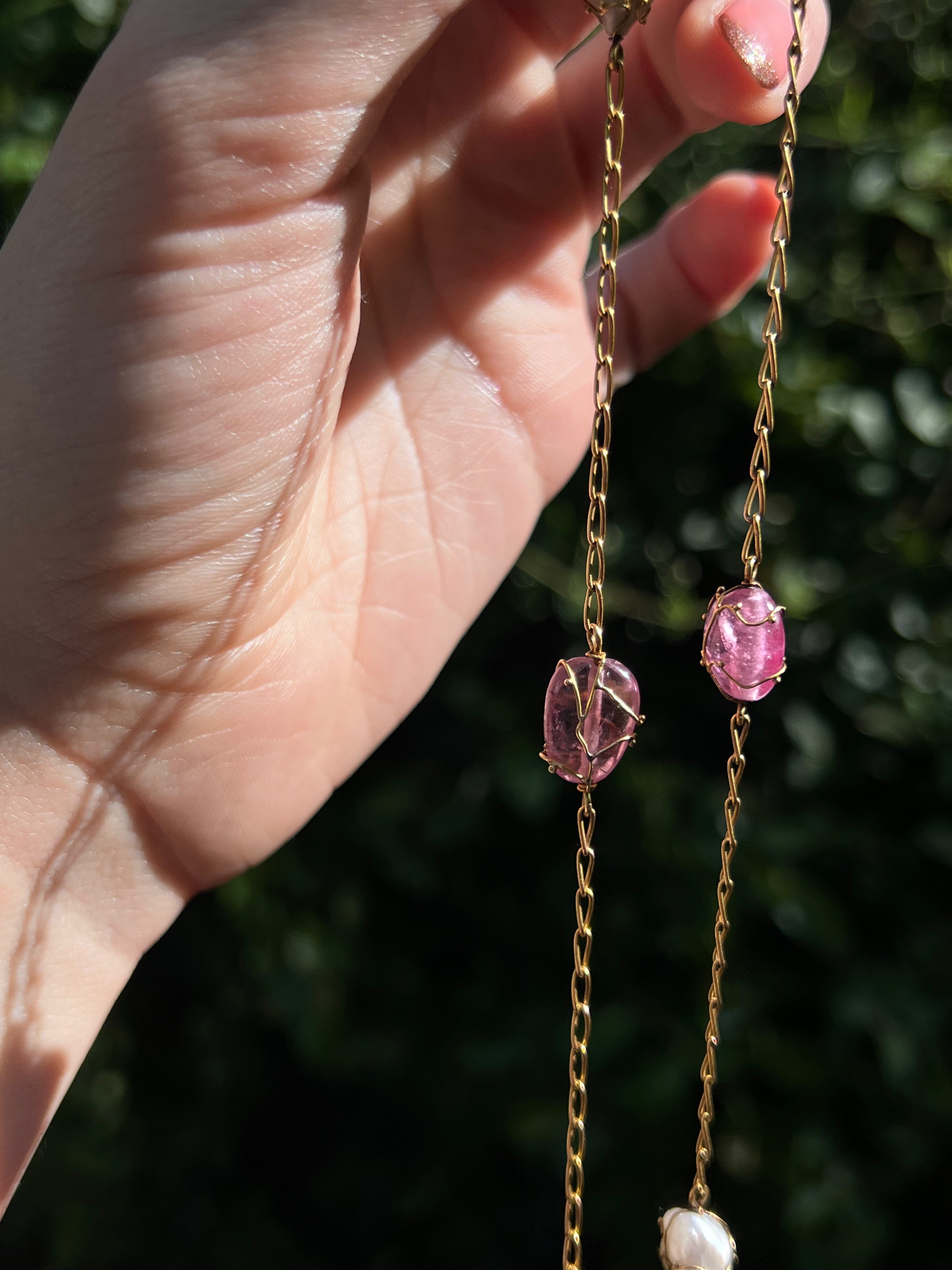 Outstanding 19th C Art Nouveau Pearl and Tourmaline Chain 18ct