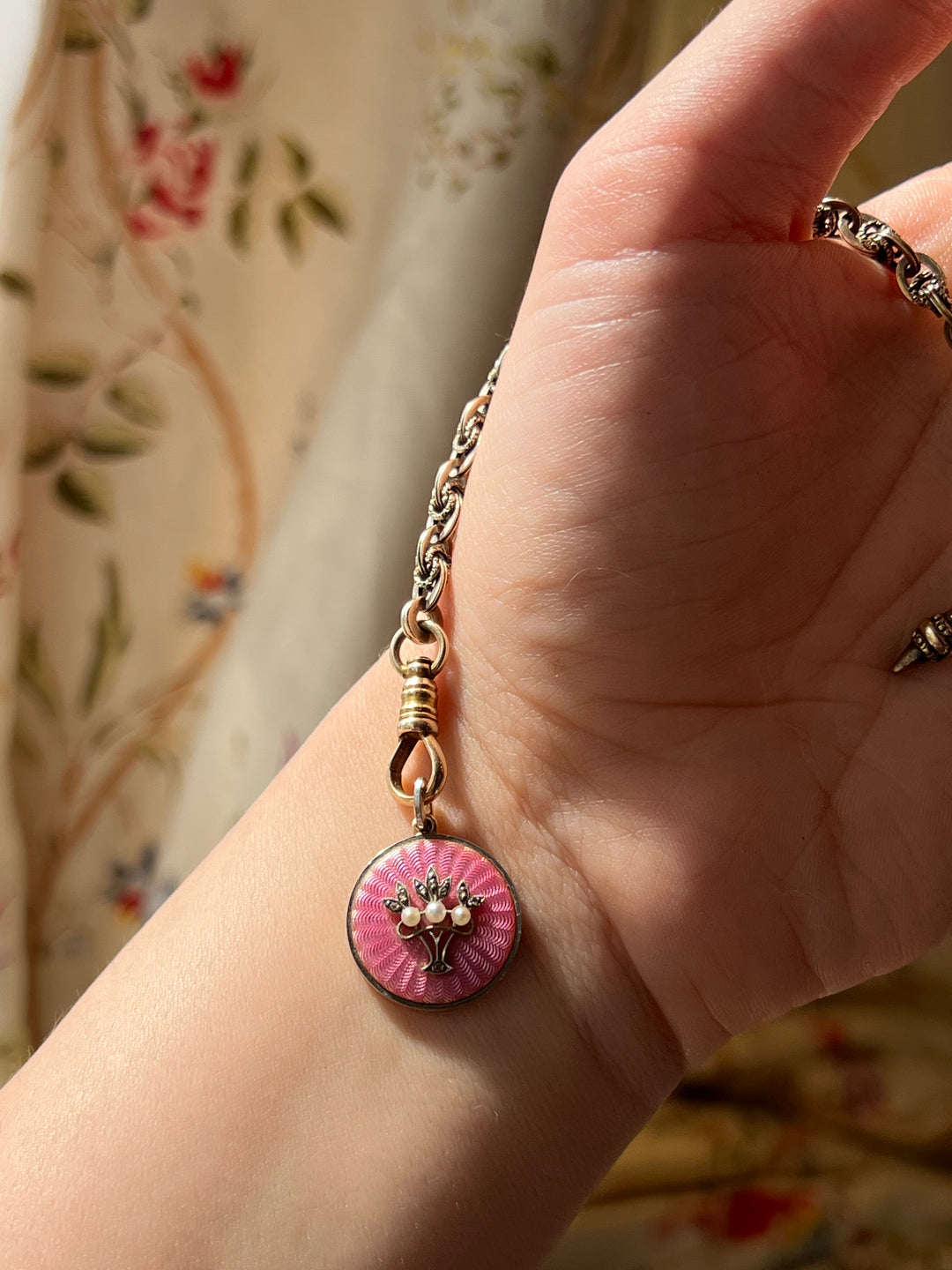 Belle Époque Pink Enamel Pendant with Pearls & Diamonds C 1890