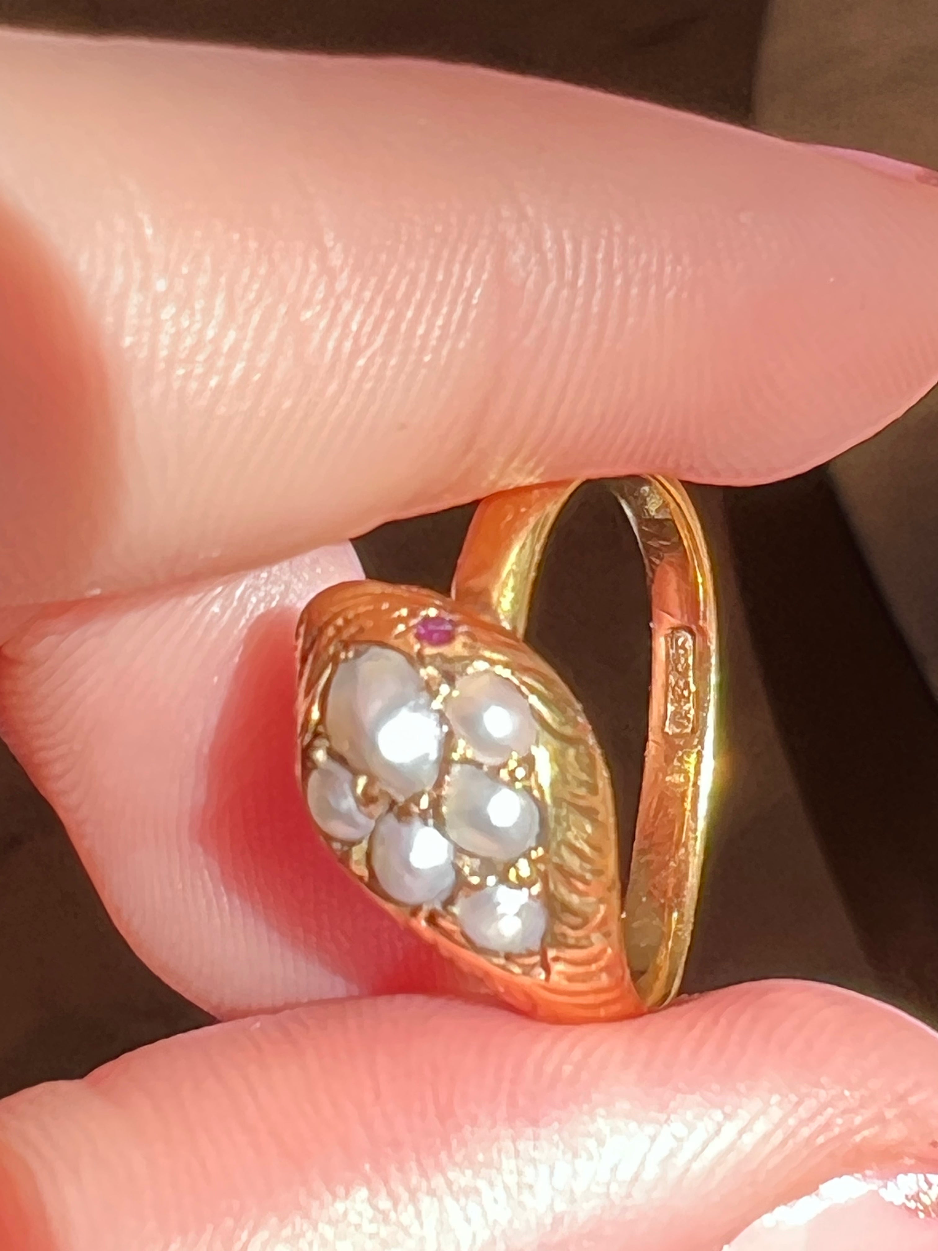 Exceptional 18ct 19th C Pearl and Garnet Snake Ring