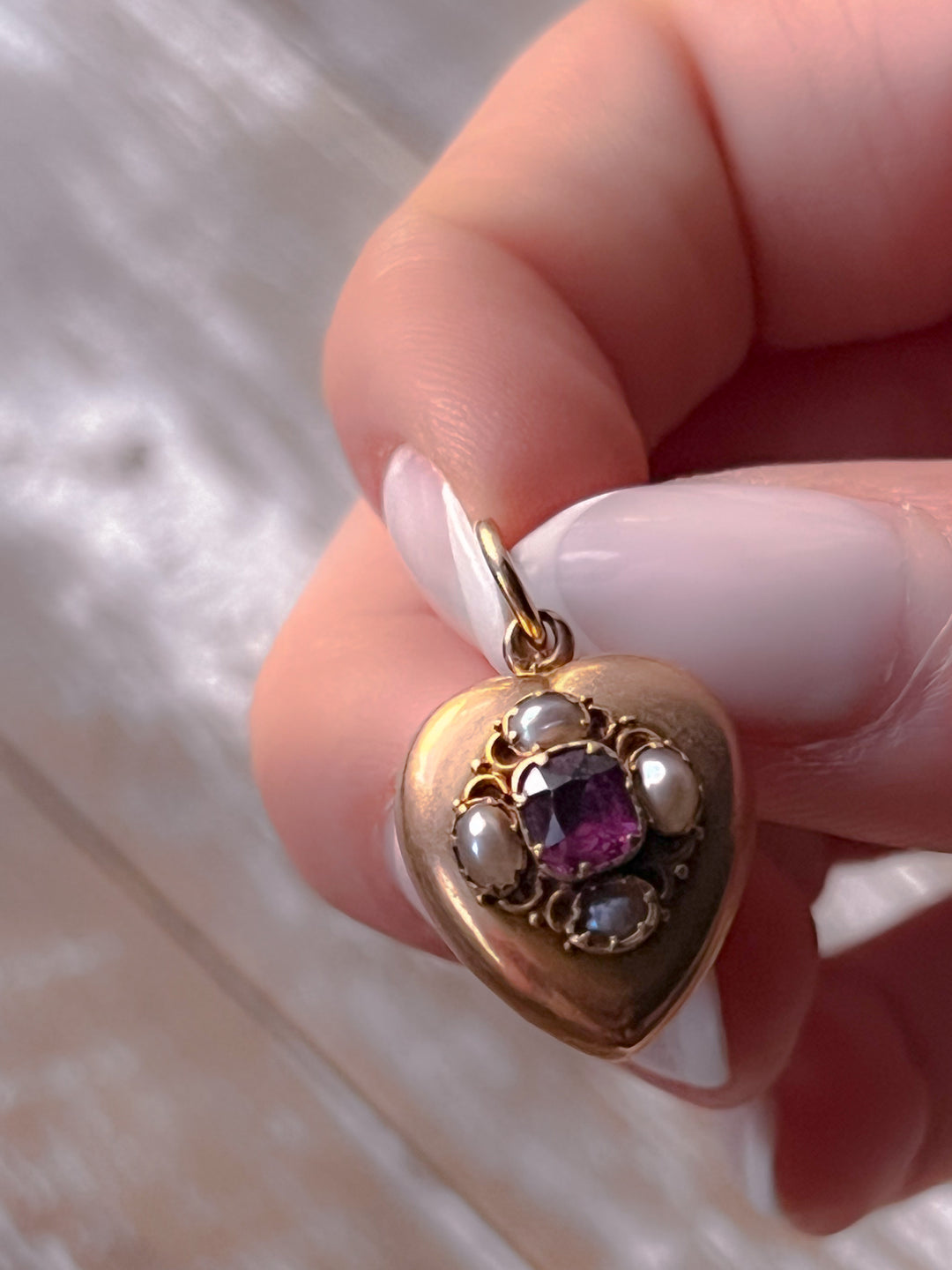 15k Victorian Puffy Heart Pendant With Tourmaline and Pearls