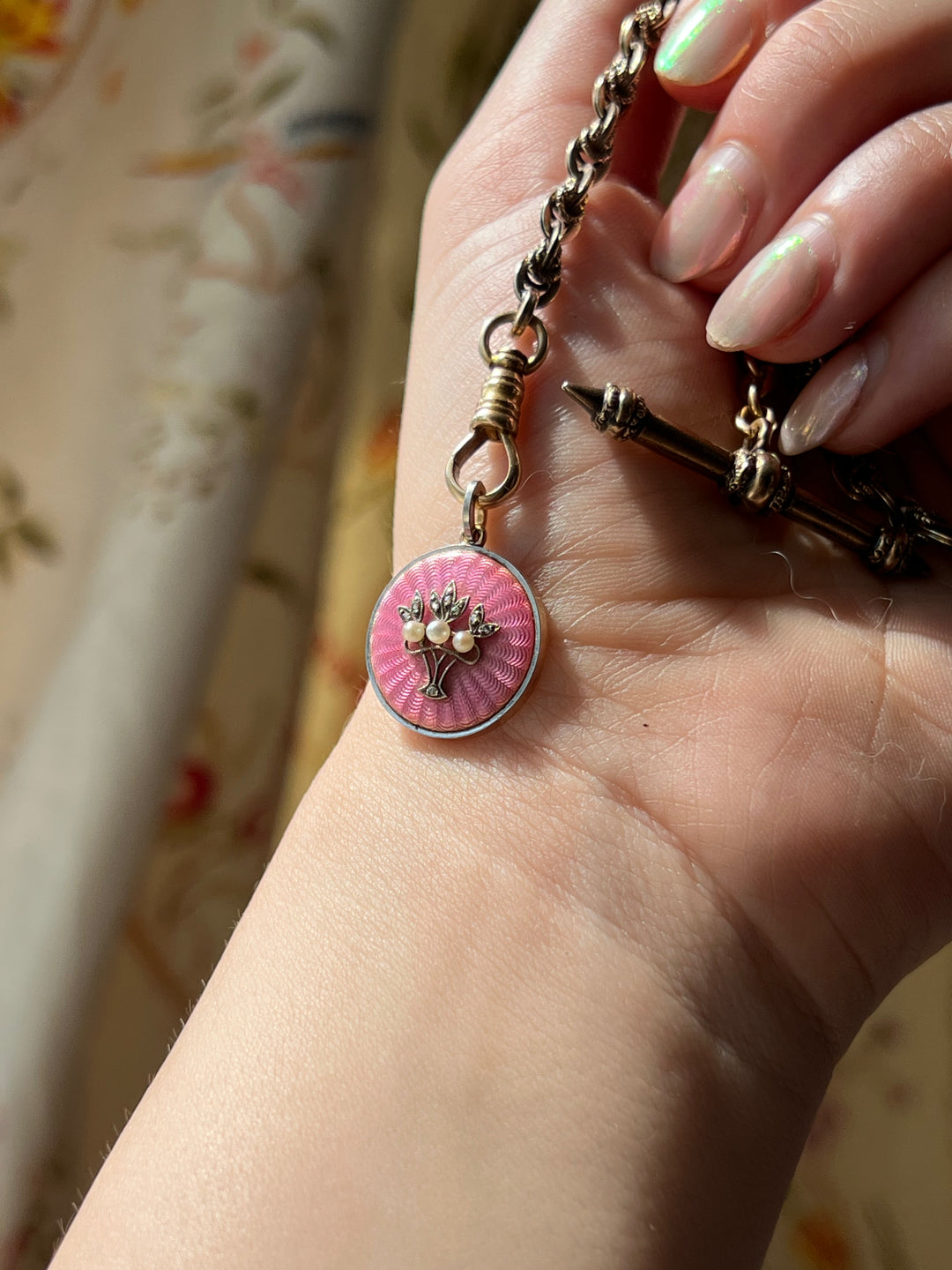 Belle Époque Pink Enamel Pendant with Pearls & Diamonds C 1890