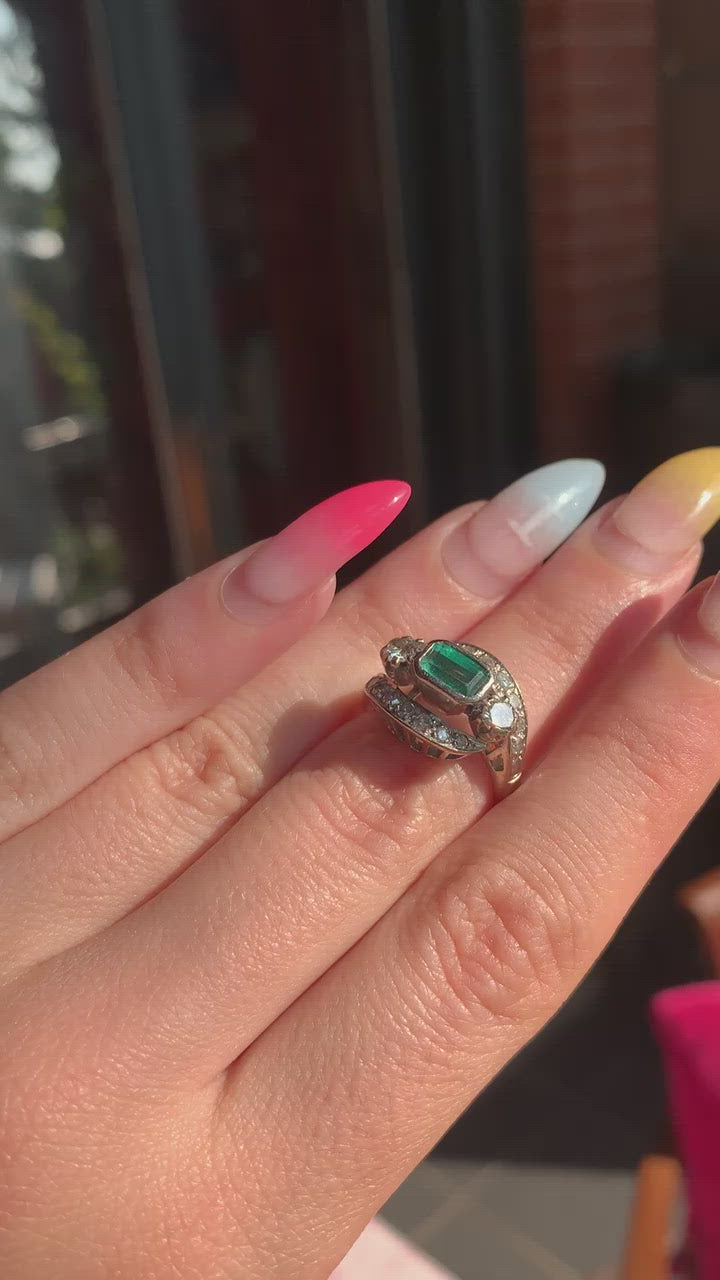 Emerald & Platinum Post-Deco Ring