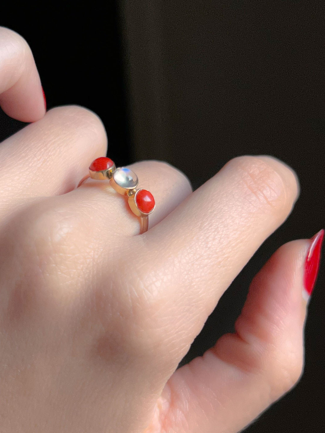 Coral and Moonstone Trilogy Ring
