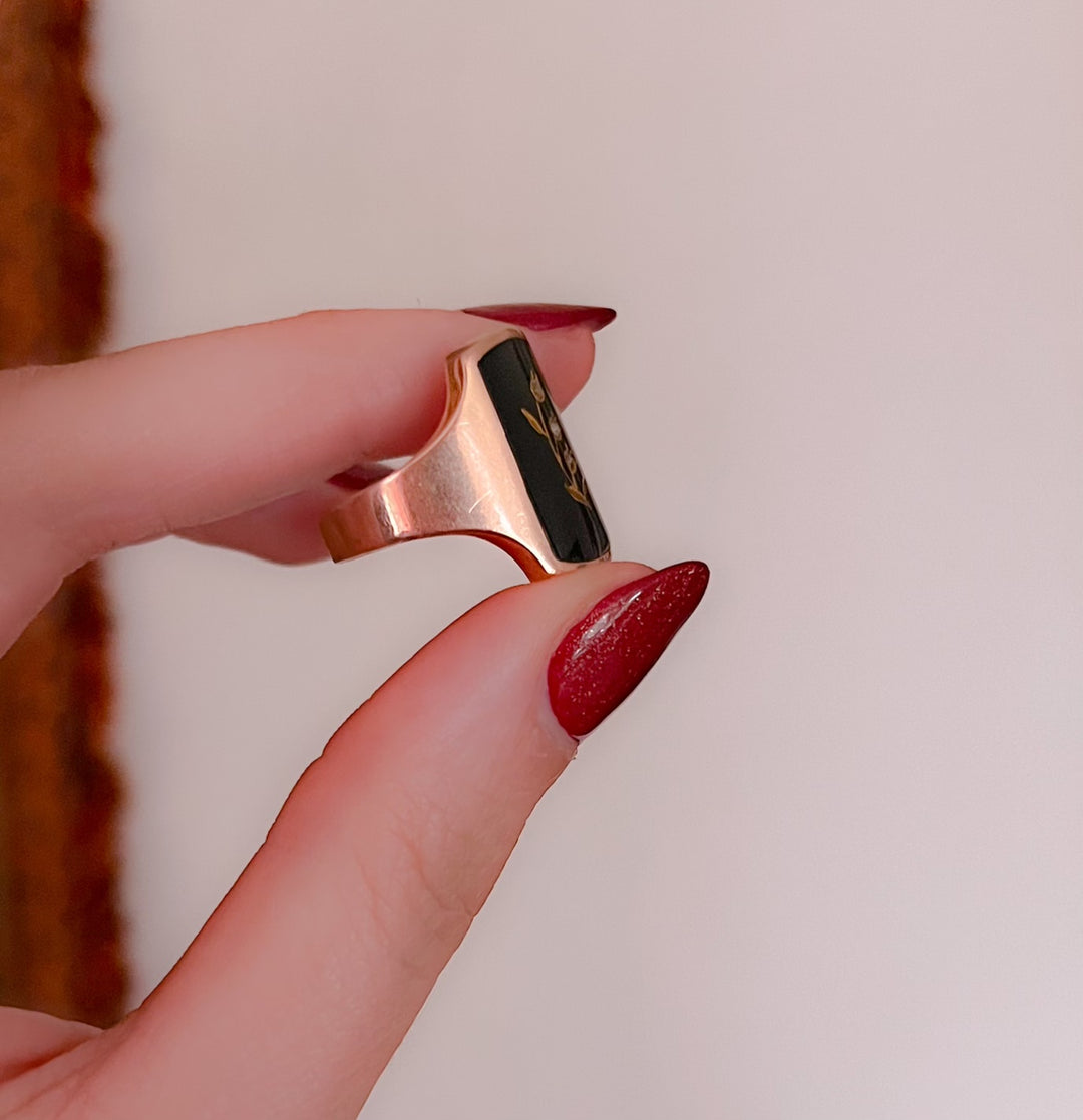 Victorian Onyx and Diamond Gold Inlaid Lily of the Valley Ring
