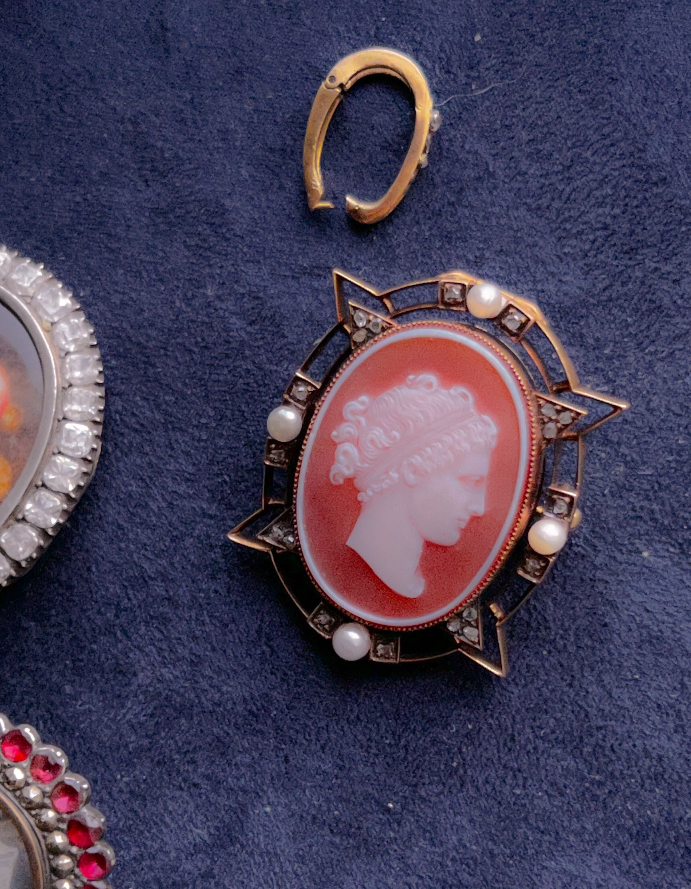 Outrageously Rare Perfect Pink Sardonyx Cameo With Pearls and Diamonds