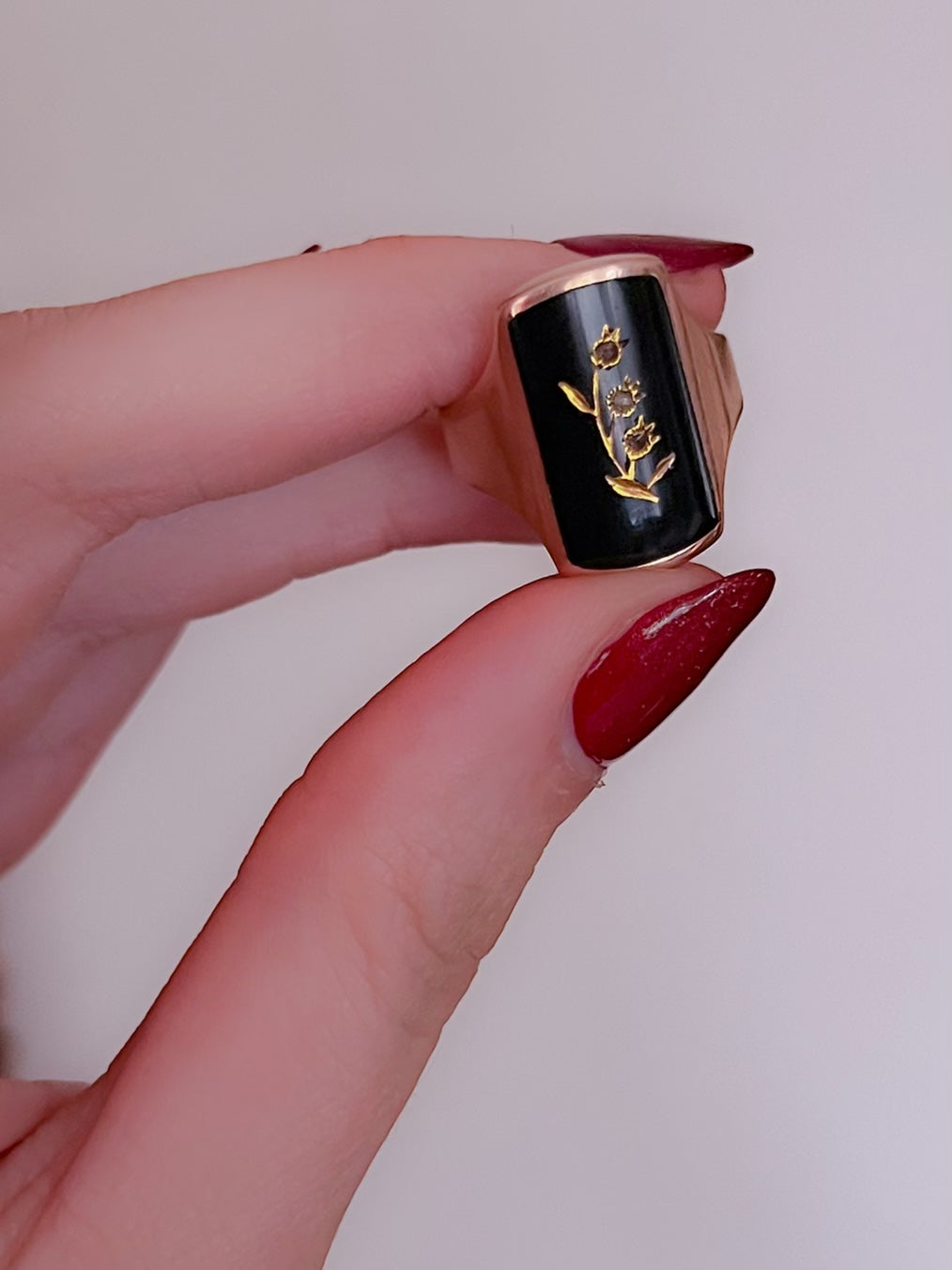 Victorian Onyx and Diamond Gold Inlaid Lily of the Valley Ring