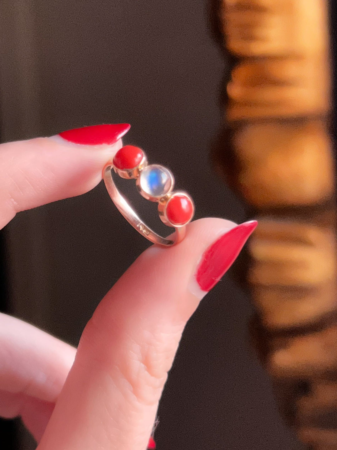 Coral and Moonstone Trilogy Ring