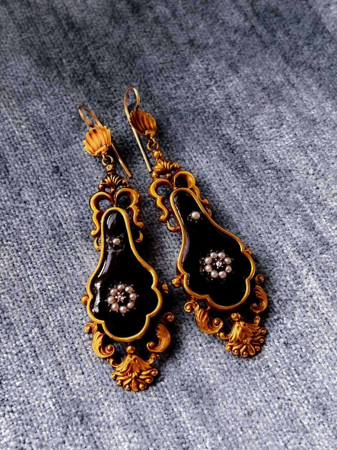 Outstanding Pair of Victorian Black Enamel Earrings