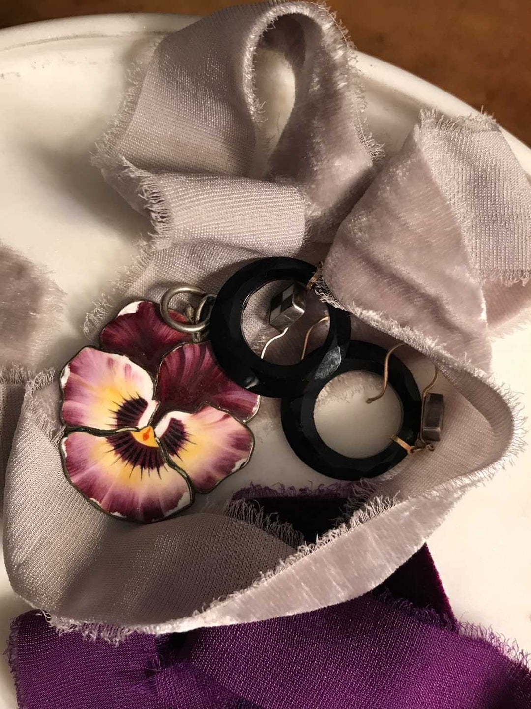 Gorgeous Late Deco Onyx Hoop and Enamel Earrings & Pansy