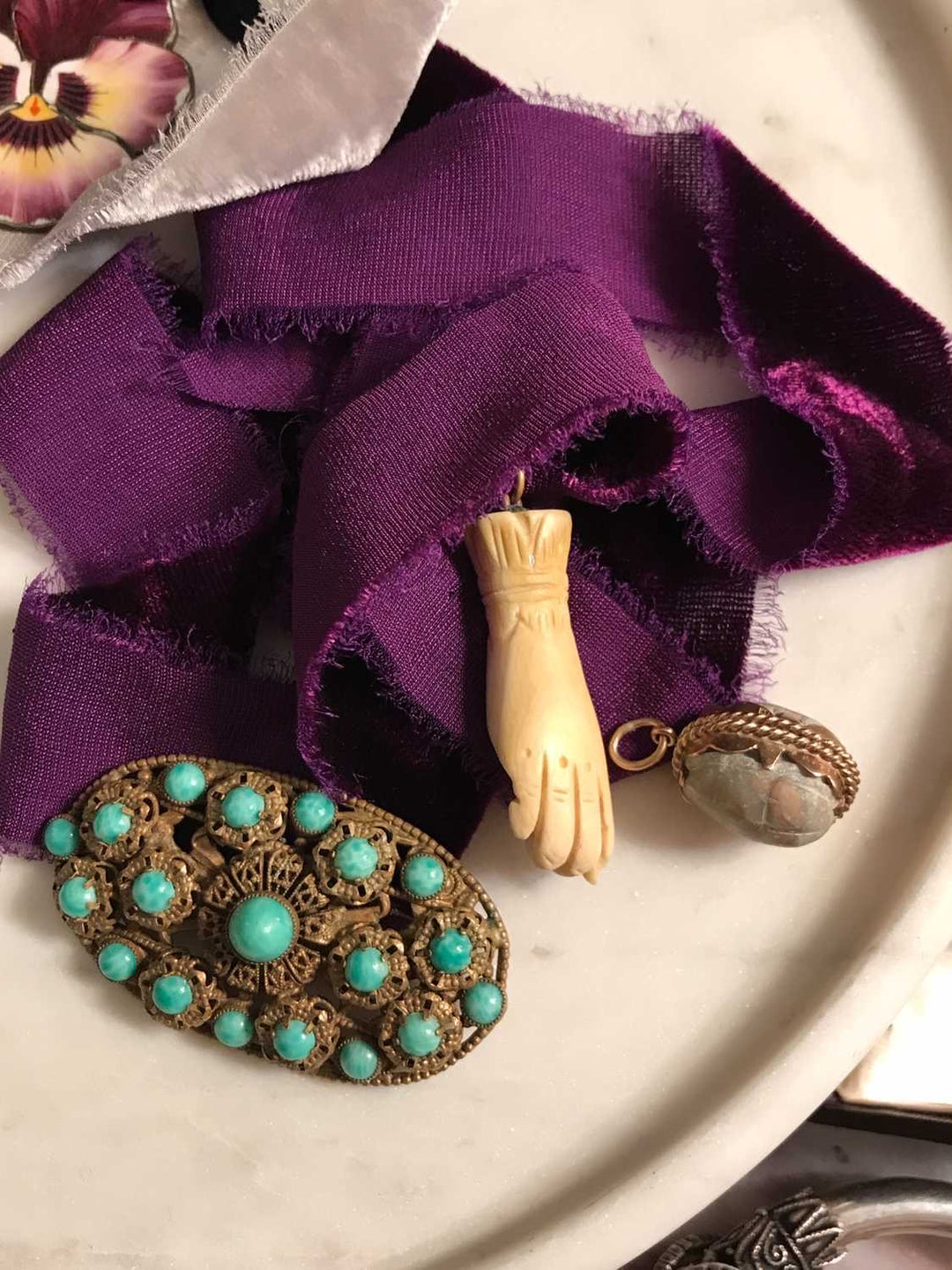 Mano Figa in Bone with Carved Cuff & Scarab & Brass Piece