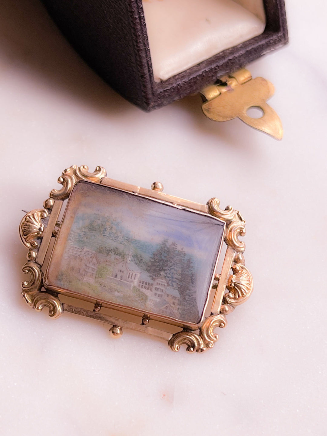 Tableau Brooch of Small French Village in 18k