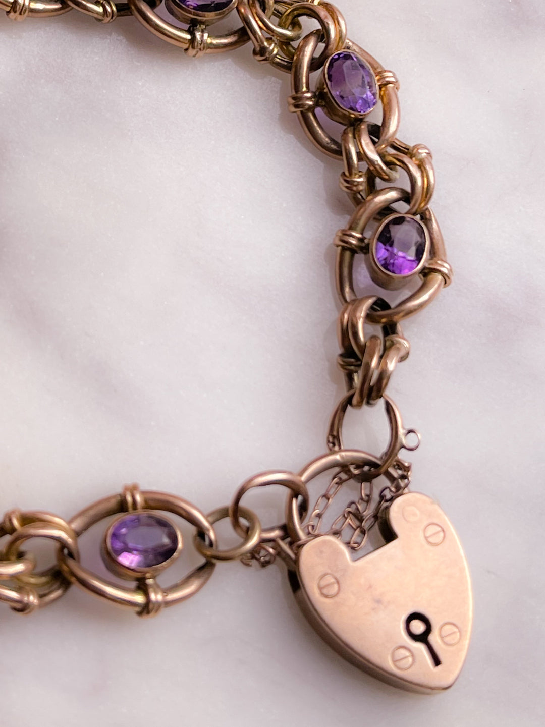 Outrageous Late Victorian 9k Heart Padlock Amethyst Station Bracelet *include 2 ribbons* *include red antique box*