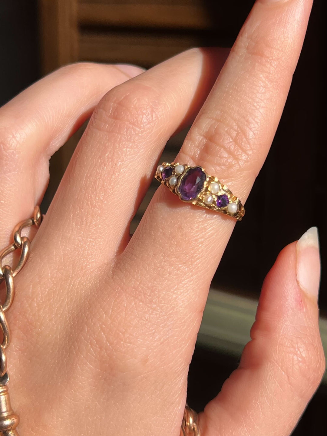 1964 Victorian Revival Amethyst and Pearl Band