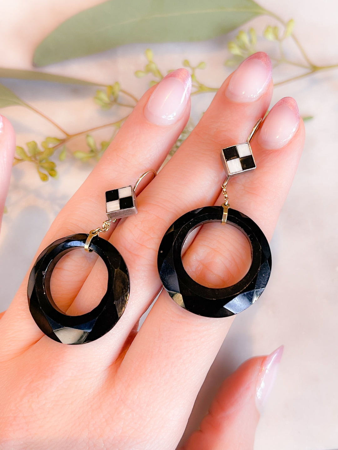 Gorgeous Late Deco Onyx Hoop and Enamel Earrings & Pansy