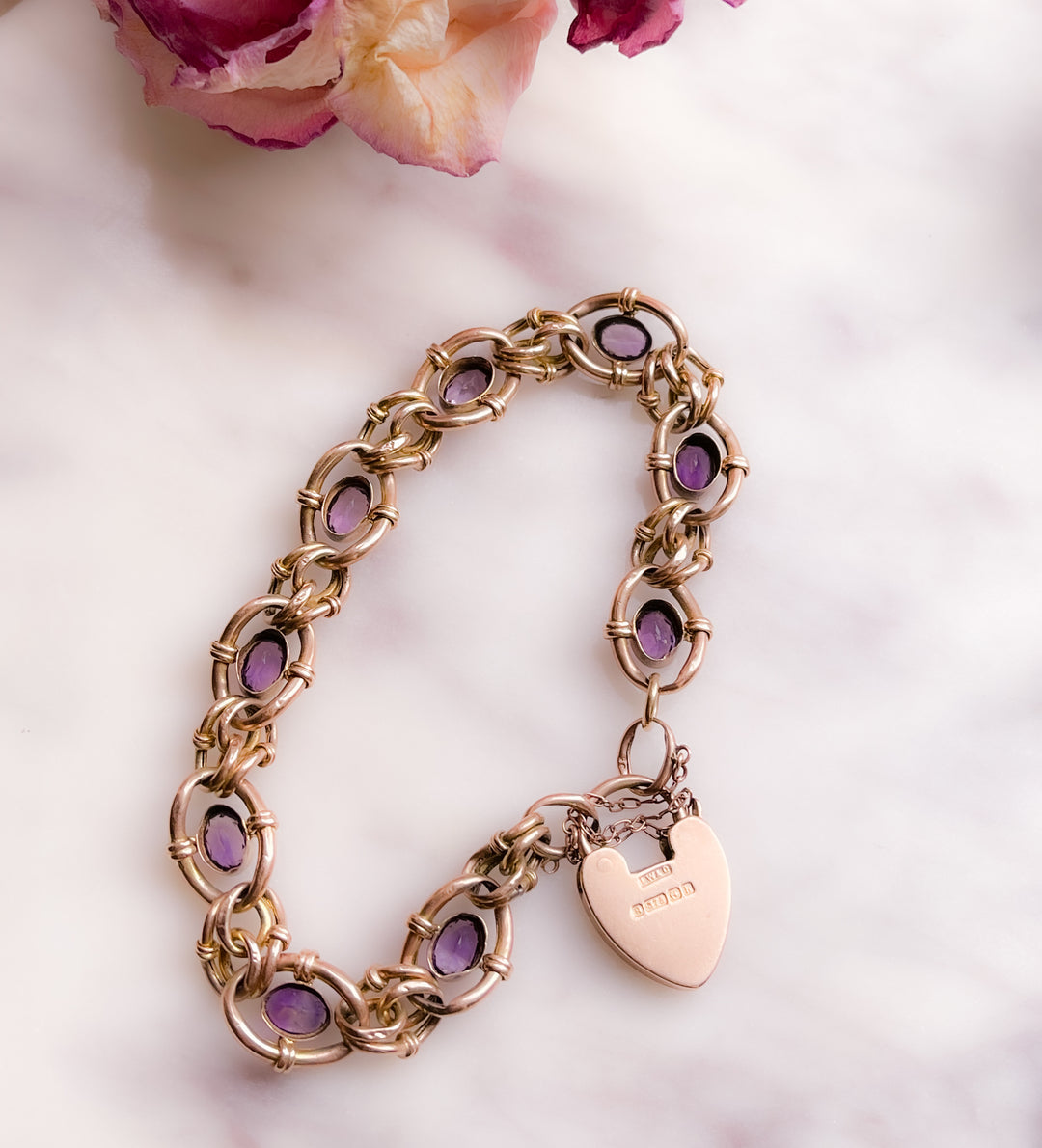 Outrageous Late Victorian 9k Heart Padlock Amethyst Station Bracelet *include 2 ribbons* *include red antique box*