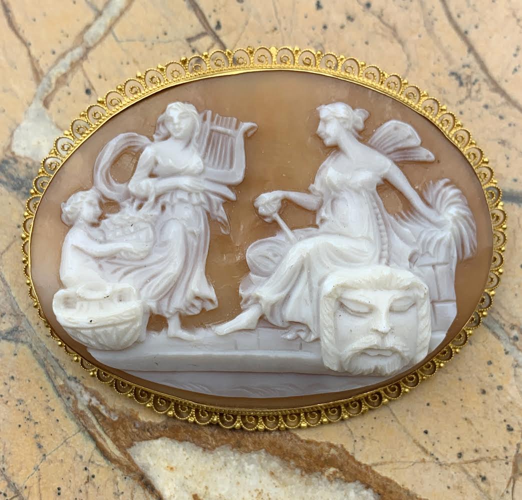 Antique 18K & Carved Shell Cameo Mythological Brooch