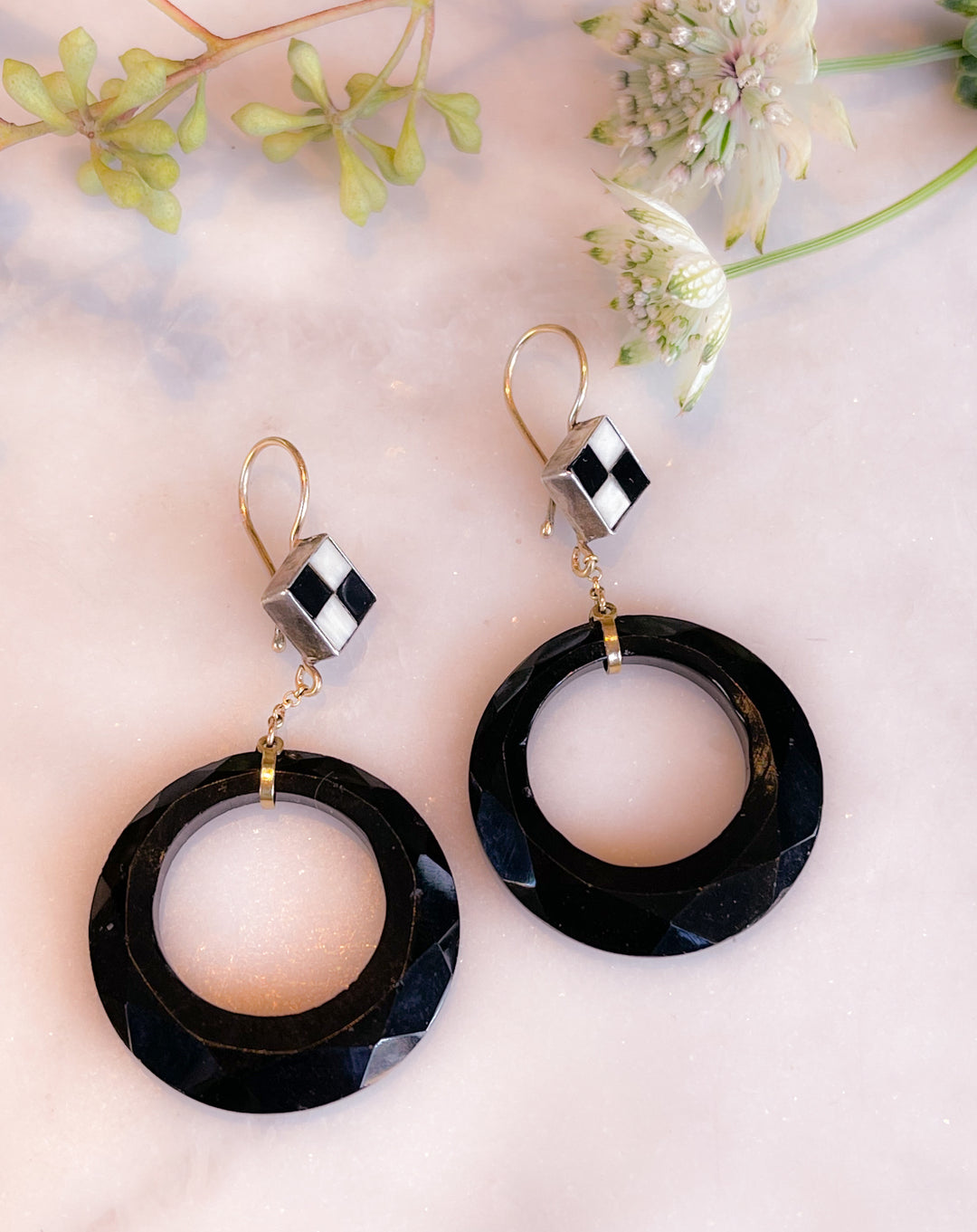 Gorgeous Late Deco Onyx Hoop and Enamel Earrings & Pansy