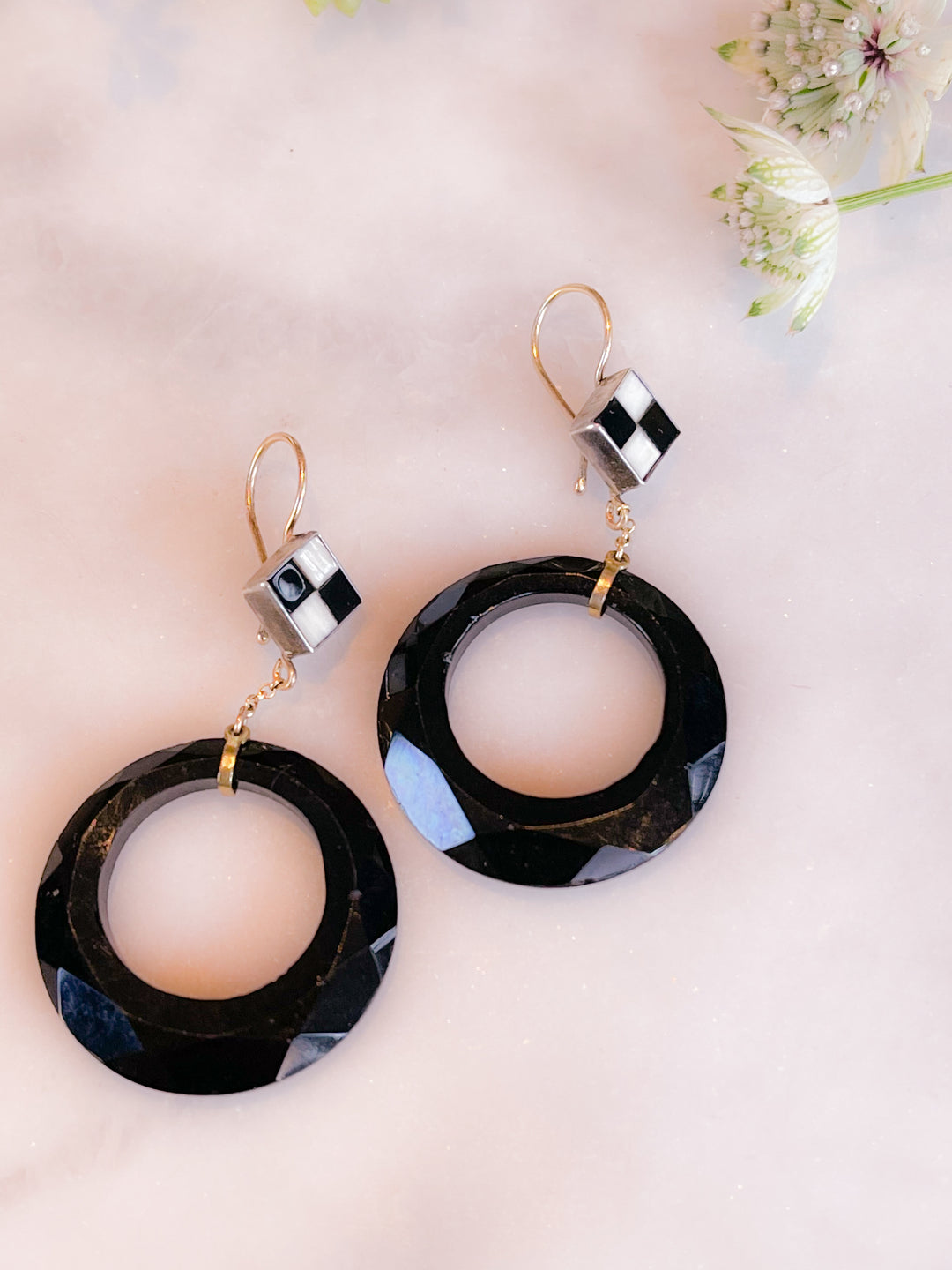 Gorgeous Late Deco Onyx Hoop and Enamel Earrings & Pansy
