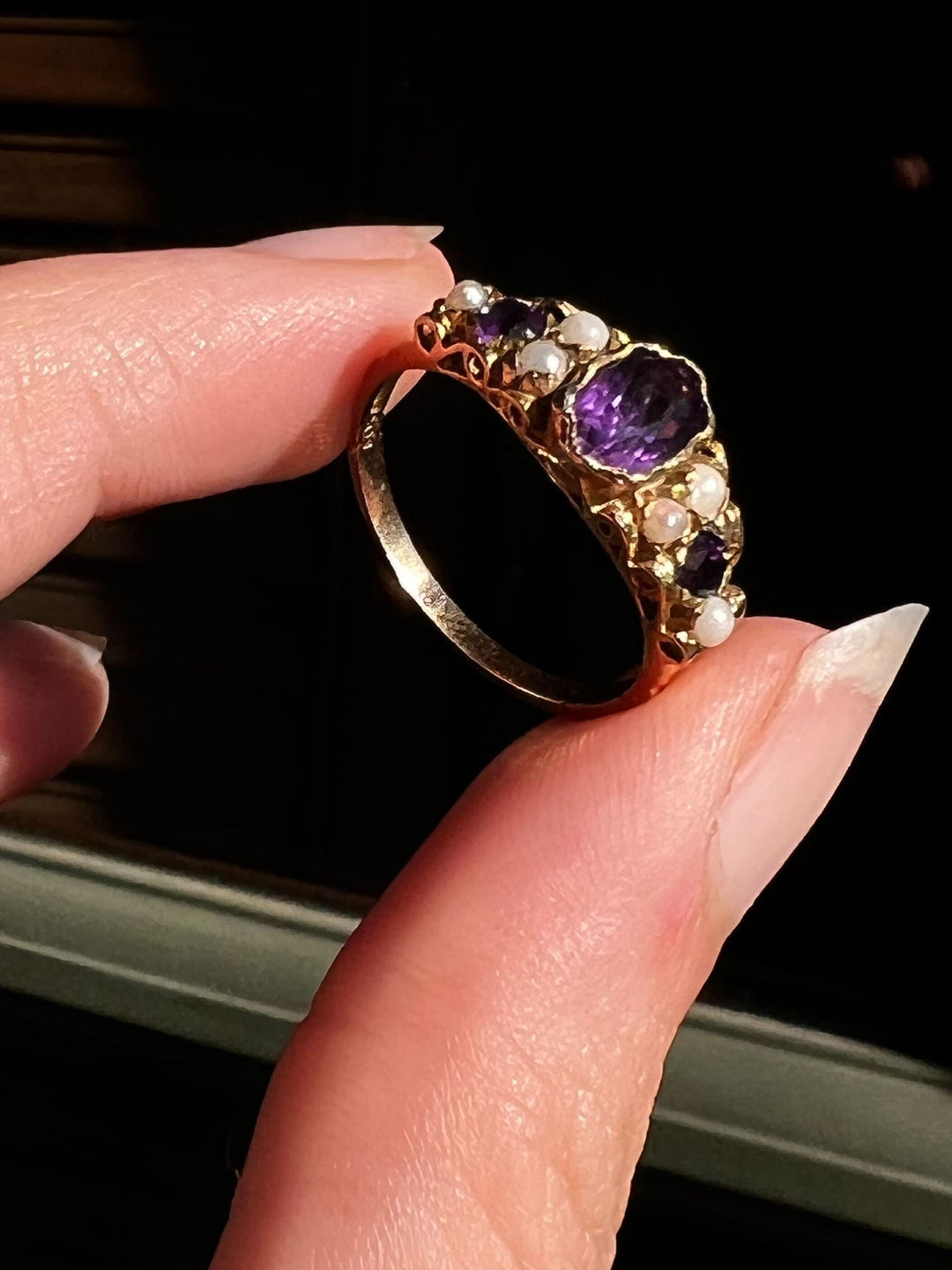 1964 Victorian Revival Amethyst and Pearl Band