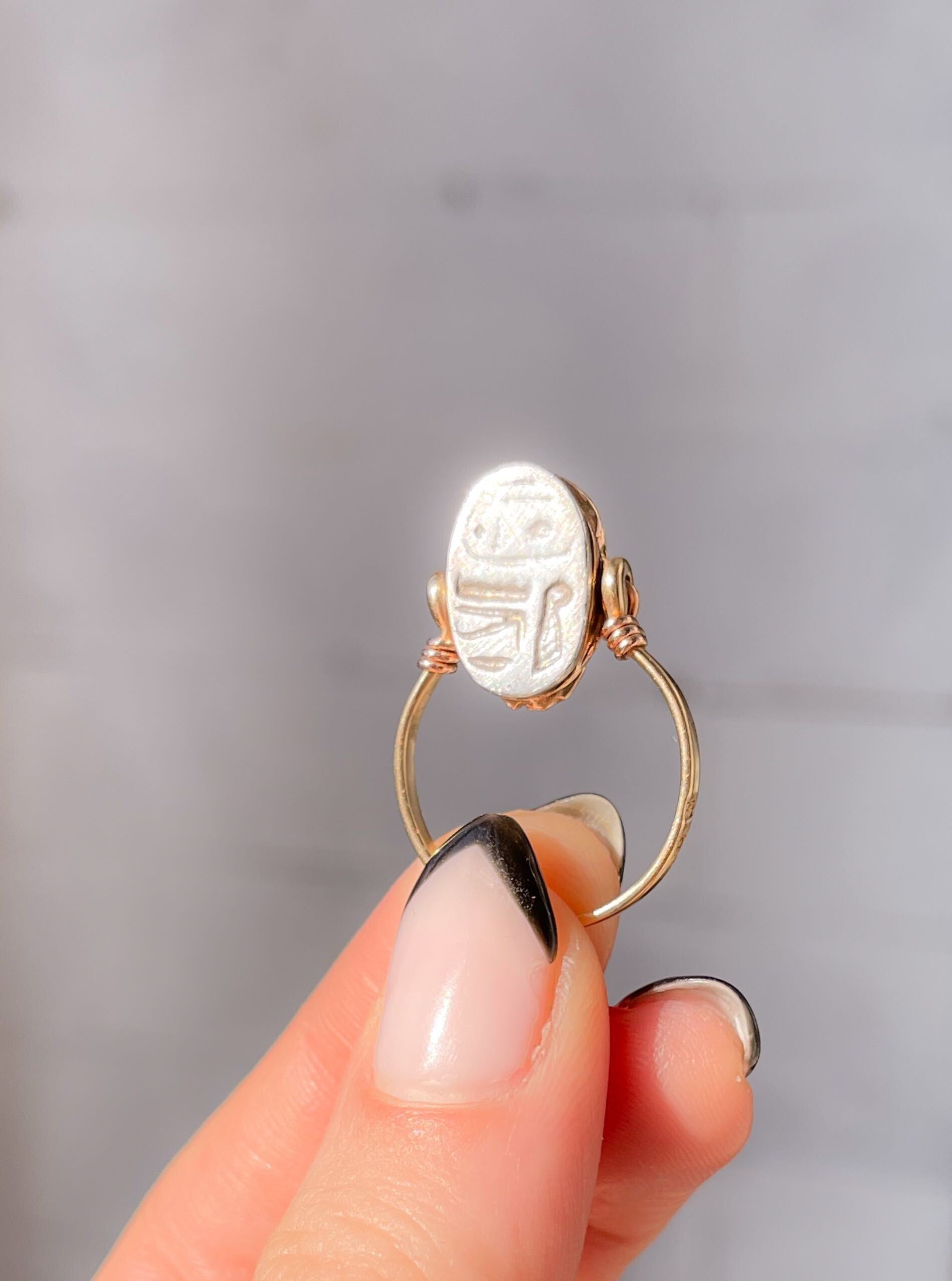 14k Pink, 18k Yellow Gold, Platinum, and Sterling Scarab Ring with Hieroglyph Reverse