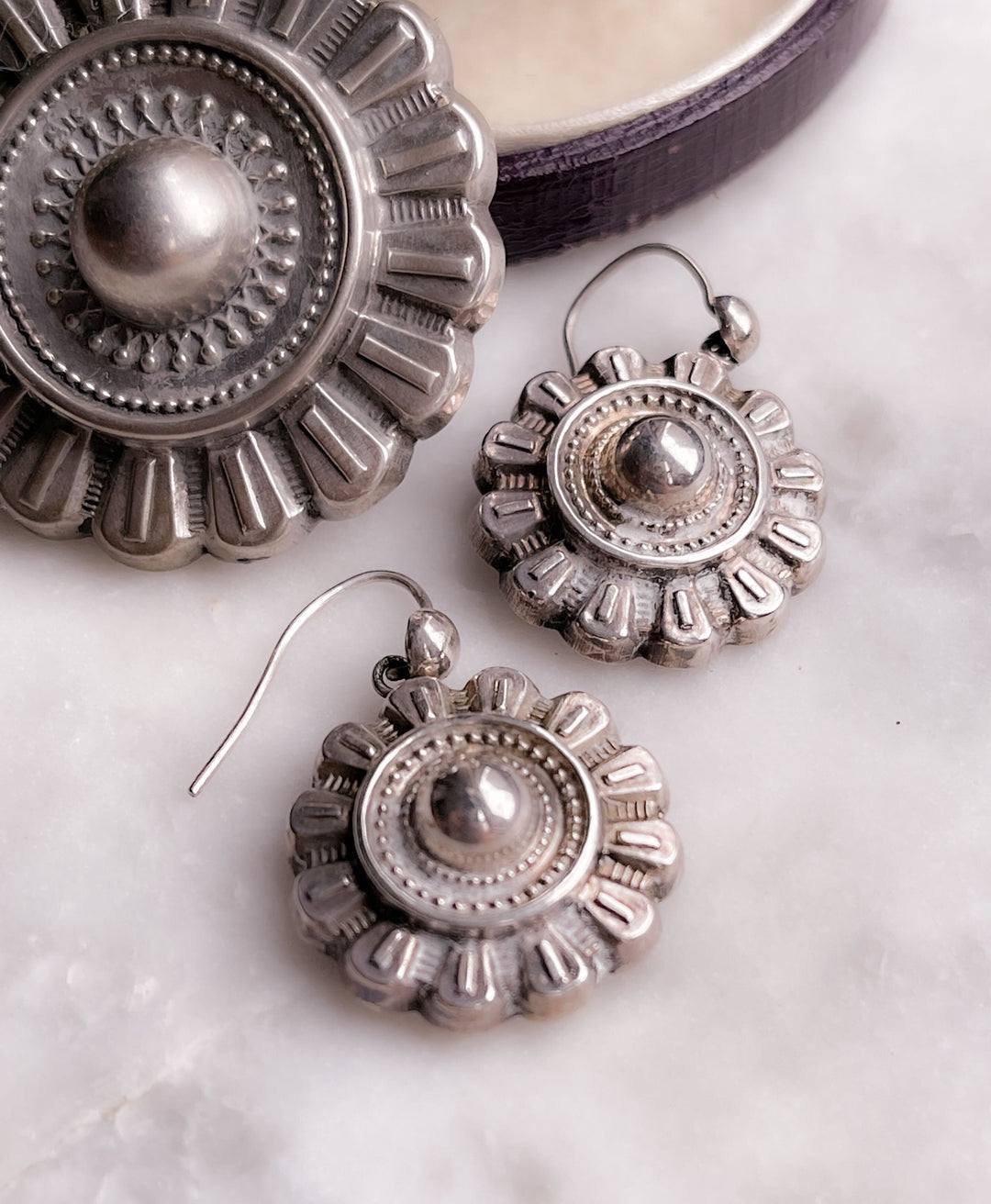 Delicious Etruscan Revival Brooch and Earring Set in Sterling Silver