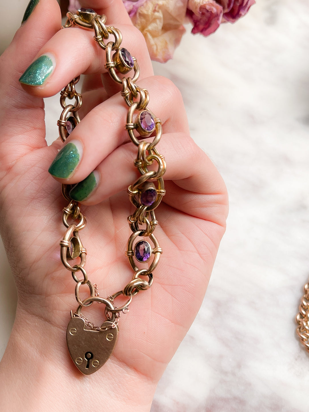 Outrageous Late Victorian 9k Heart Padlock Amethyst Station Bracelet *include 2 ribbons* *include red antique box*