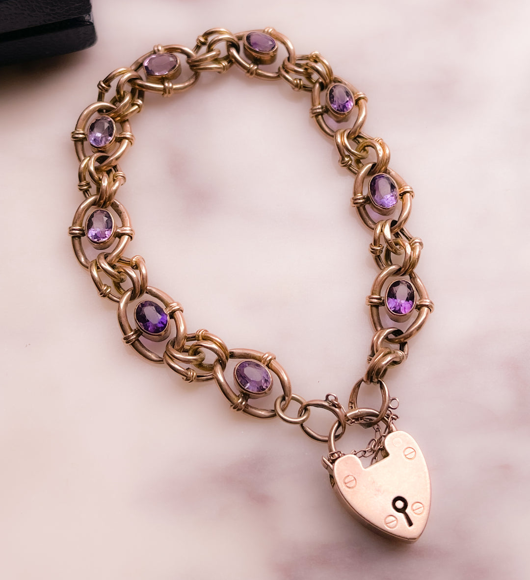 Outrageous Late Victorian 9k Heart Padlock Amethyst Station Bracelet *include 2 ribbons* *include red antique box*