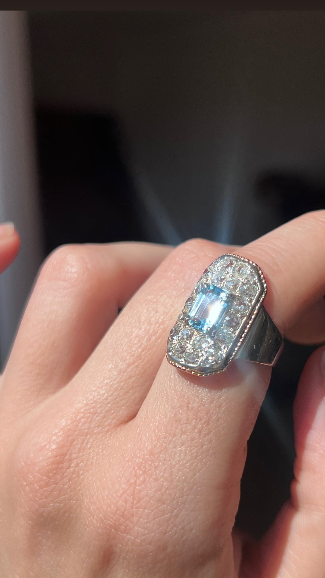 Art Deco Rococo Revival Aquamarine & Diamond Plaque Ring | .94ct Aquamarine 1.01ctw OEC | 18ct Pink & White Gold | c.1930s