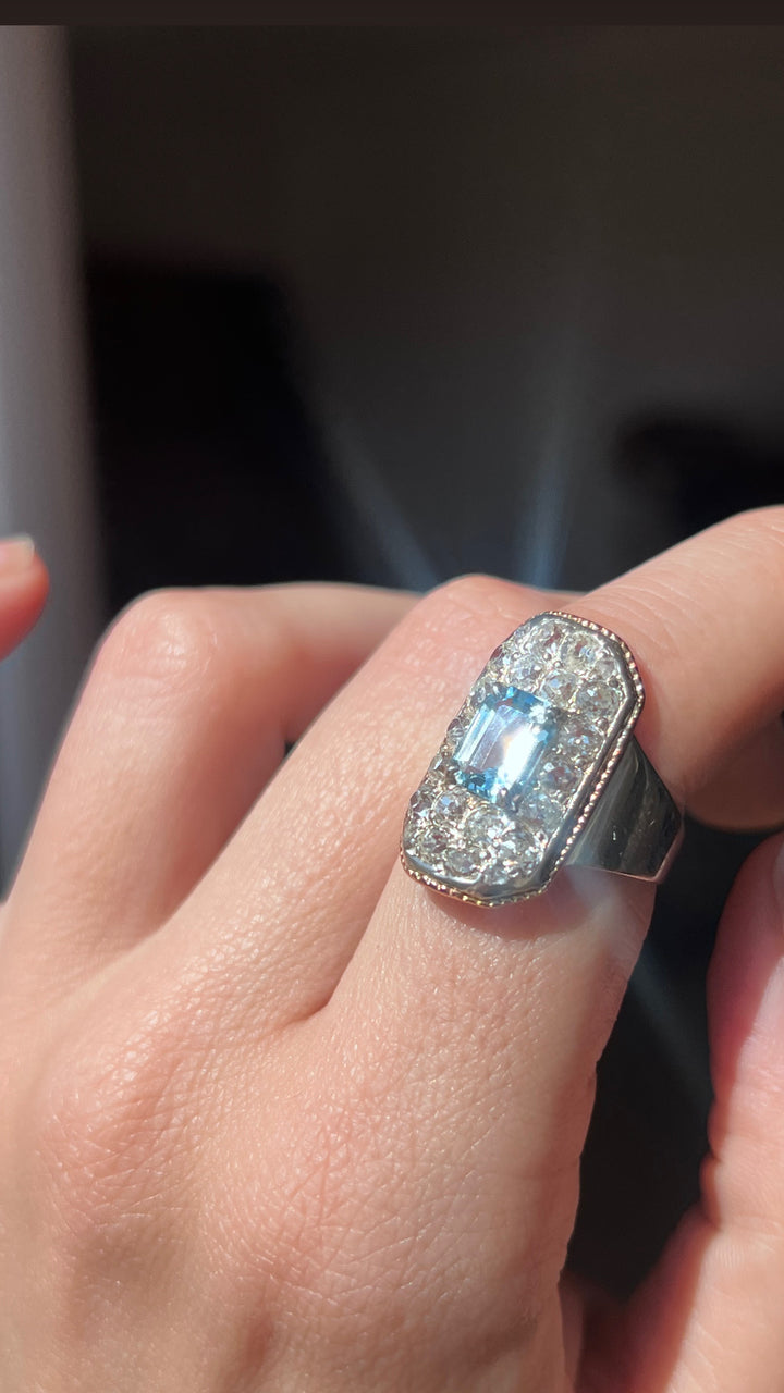 Art Deco Rococo Revival Aquamarine & Diamond Plaque Ring | .94ct Aquamarine 1.01ctw OEC | 18ct Pink & White Gold | c.1930s