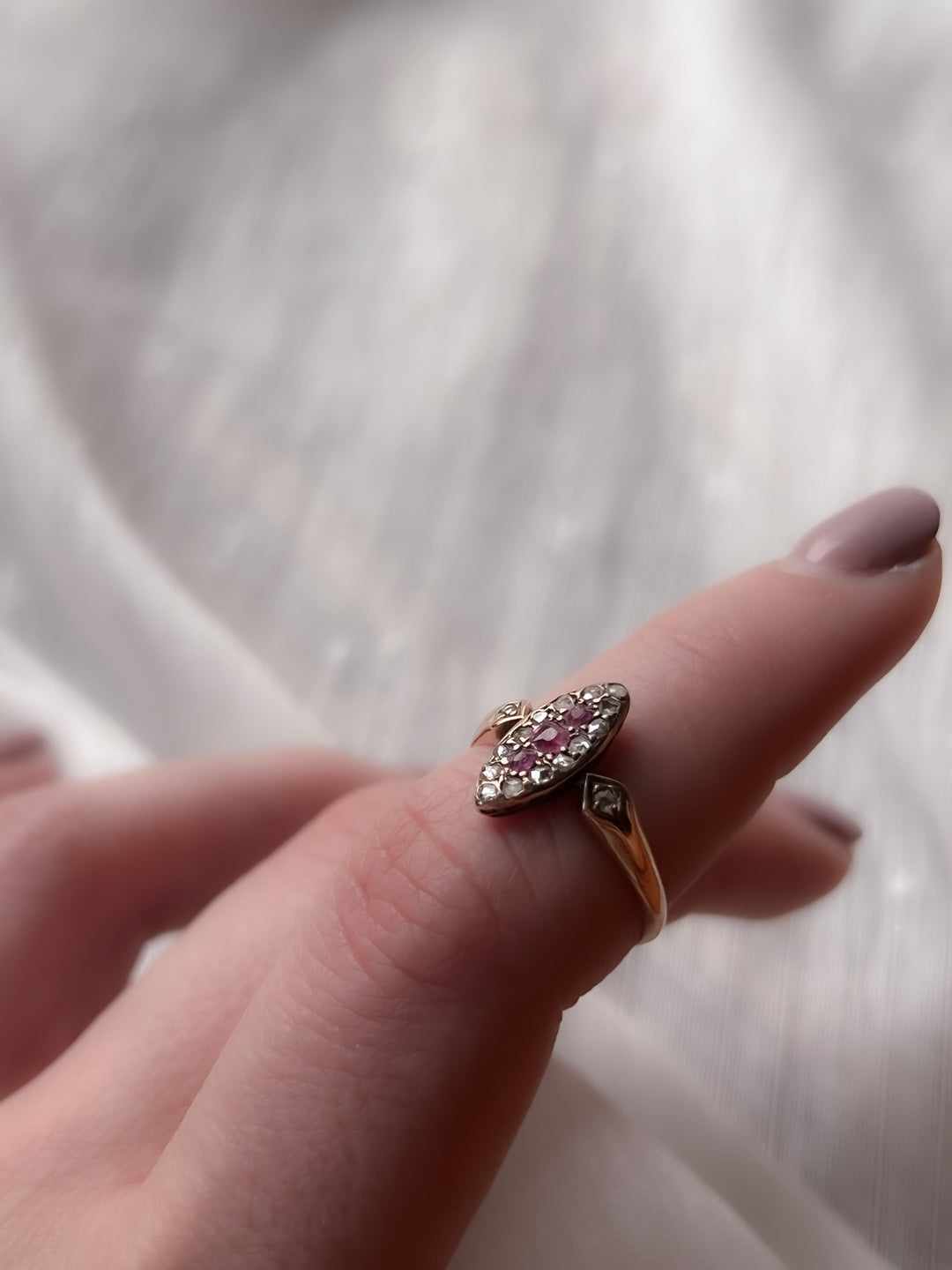 Napoleon III 18ct Ruby Rose Cut Diamond Navette Ring
