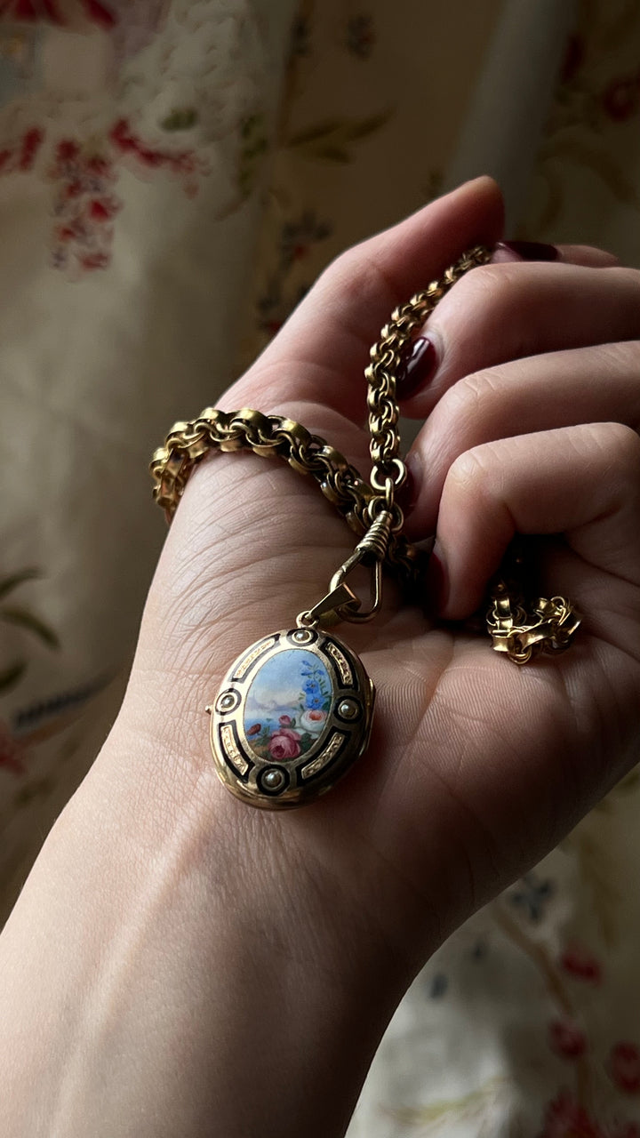 Outstanding Victorian Enamel Locket of Floral Vista