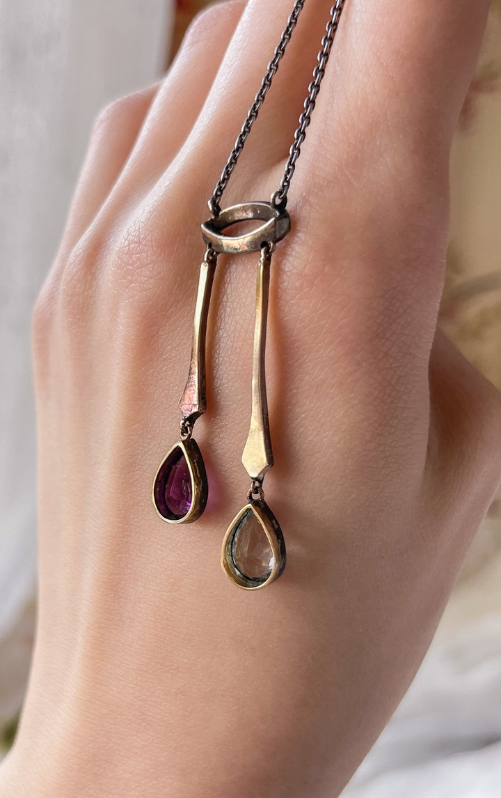 Dainty Aquamarine, Amethyst, and Diamond Lavaliere Necklace