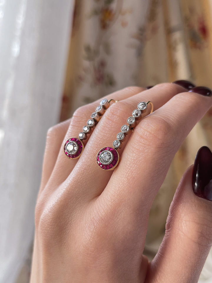 Marvelous Ruby and Diamond Art Deco Target Earrings
