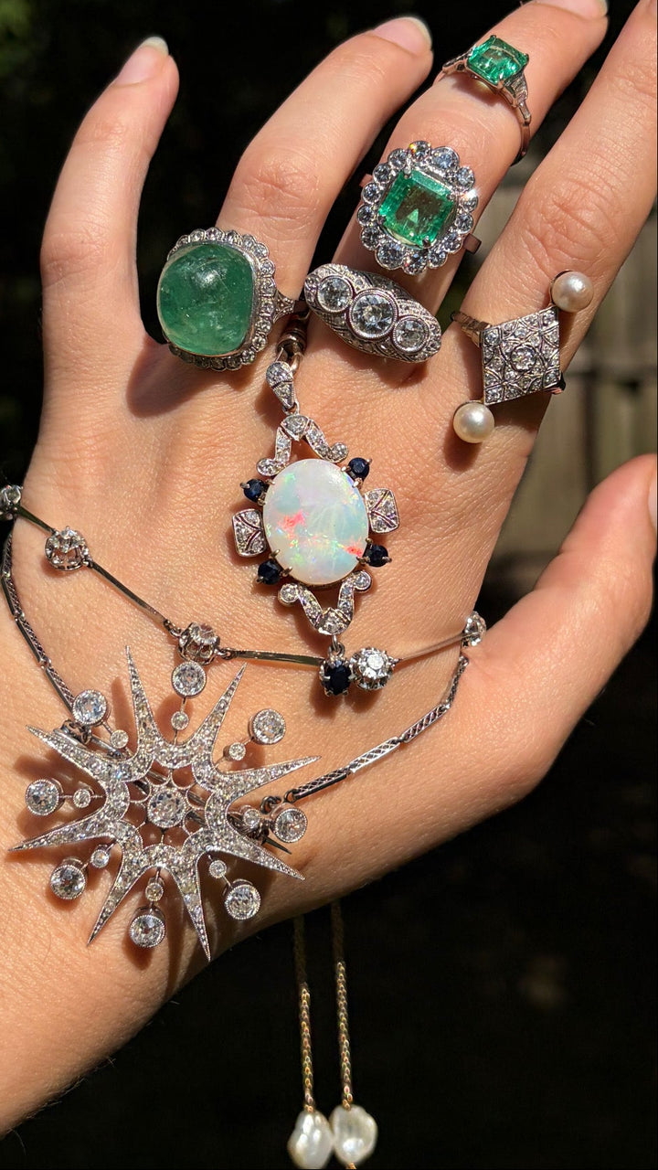 English Opal Sapphire & Diamond Pendant| Post-Deco | 14ct White & Yellow Gold | c.1930s
