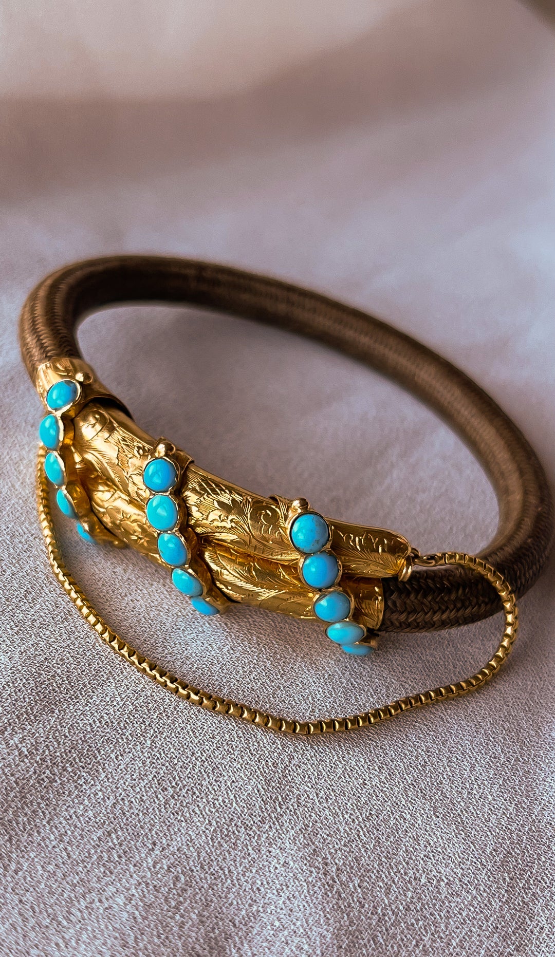 Rare 18ct Hair Bracelet with Turquoise Cabochons