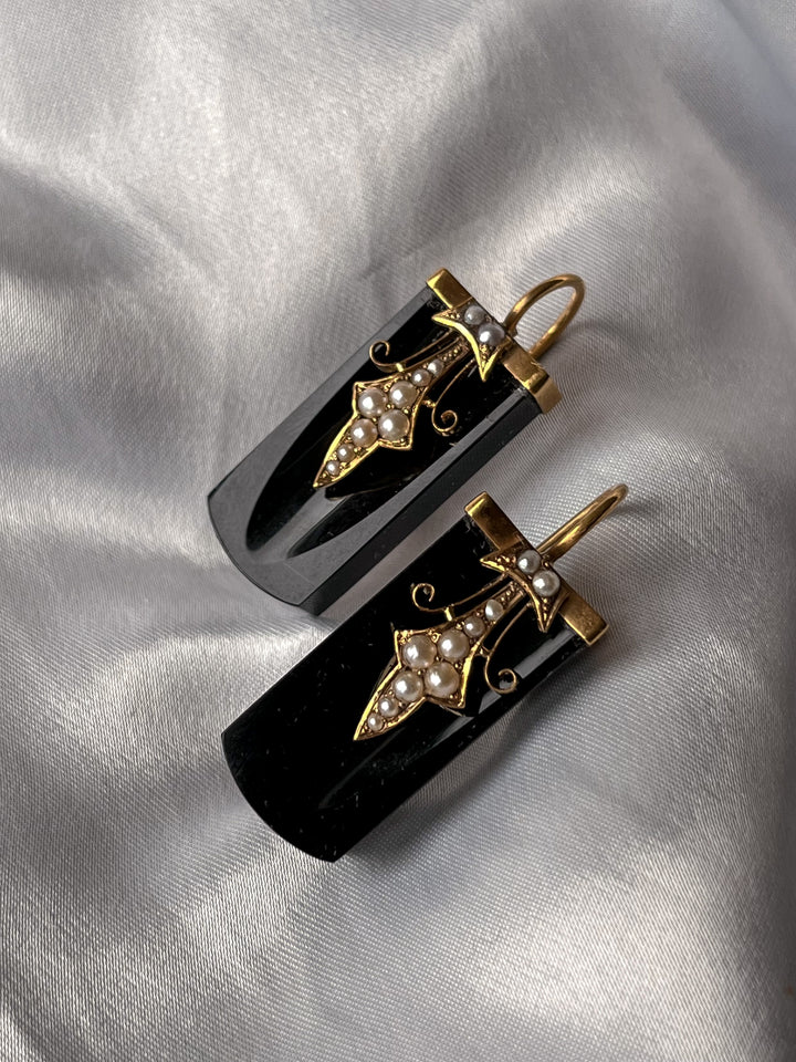 Gorgeous Onyx and Pearl Victorian Geometric Conversion Earrings