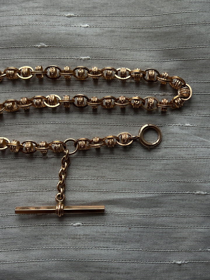 Rare C. 1880 14ct Pink Gold Chain with Faceted T-Bar 13”