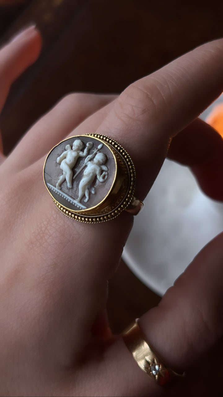 Superb Victorian Locket Cameo Ring of Cupid + Anteros