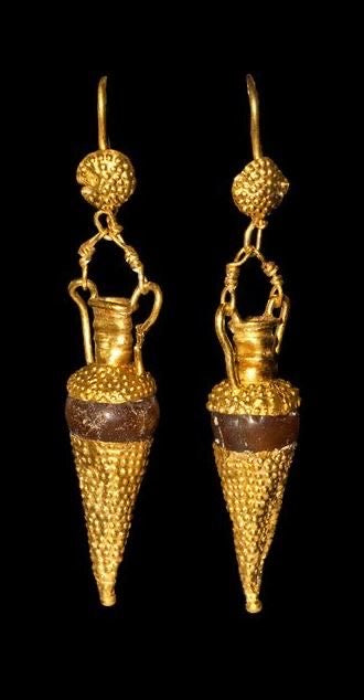 Outstanding Pair of 15ct Archaeological Revival Amphorae Earrings