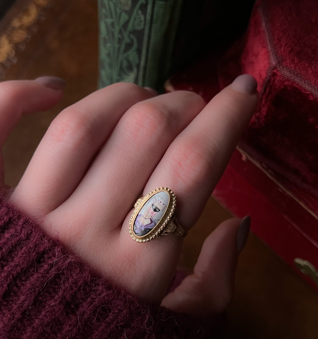Extremely Rare 19th C French Enamel Ring of Masked Woman 18k