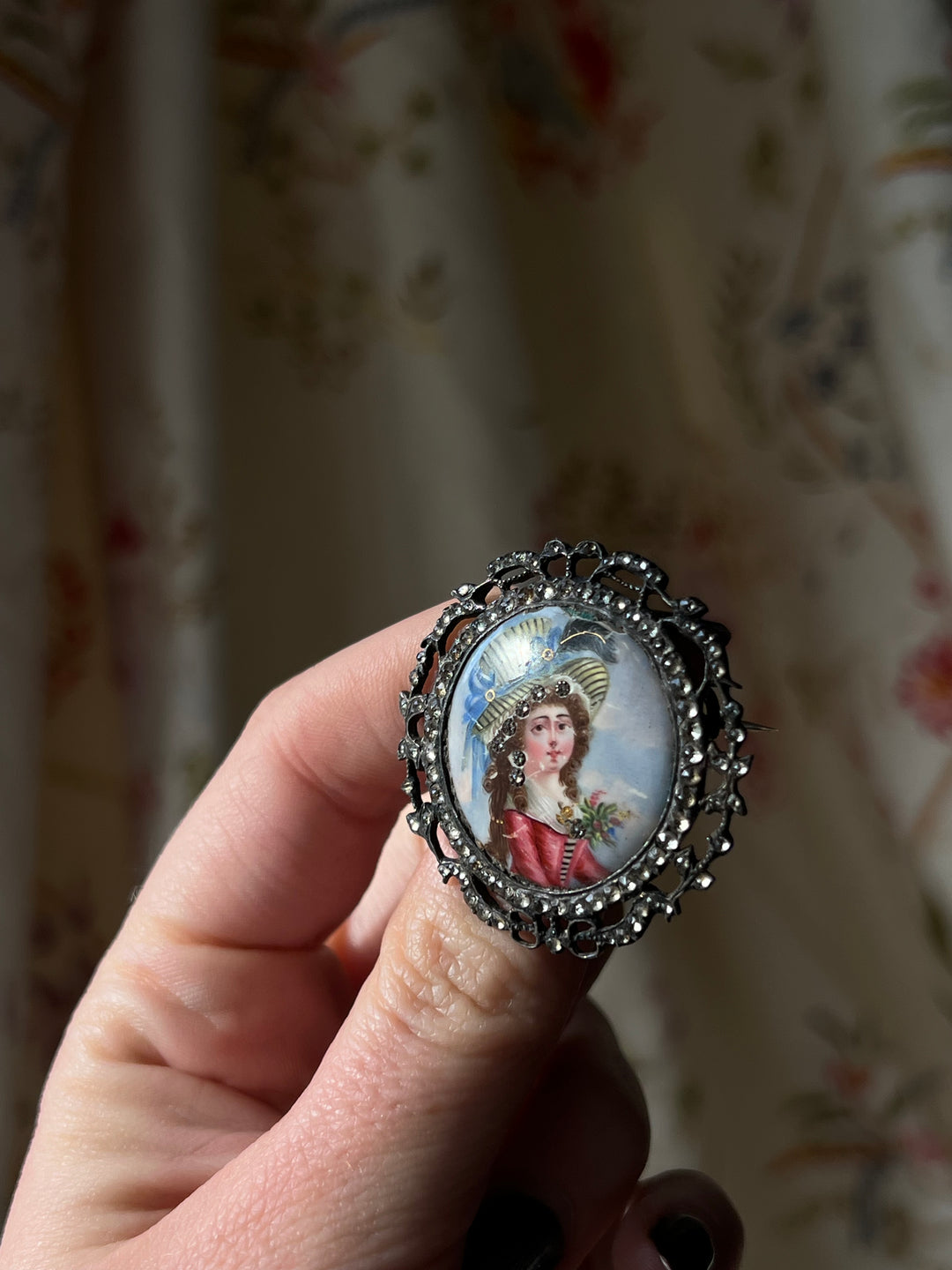 Sterling Silver 18th Century Portrait Brooch With Paste Garland and Halo