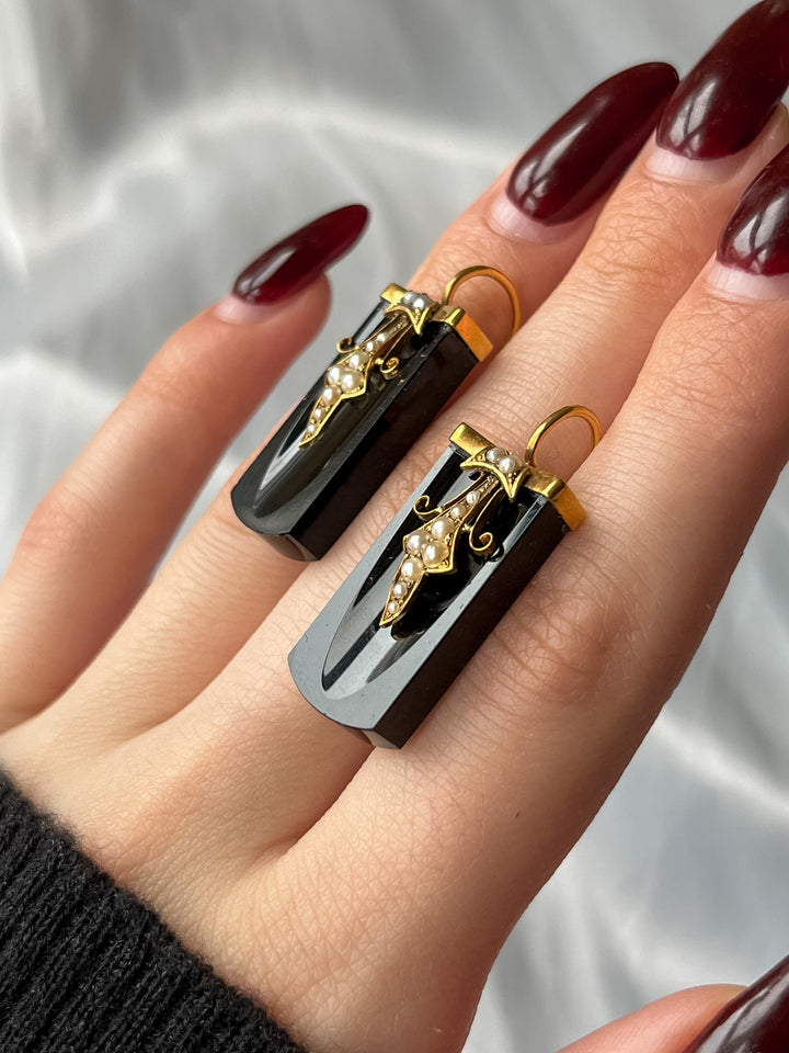 Gorgeous Onyx and Pearl Victorian Geometric Conversion Earrings