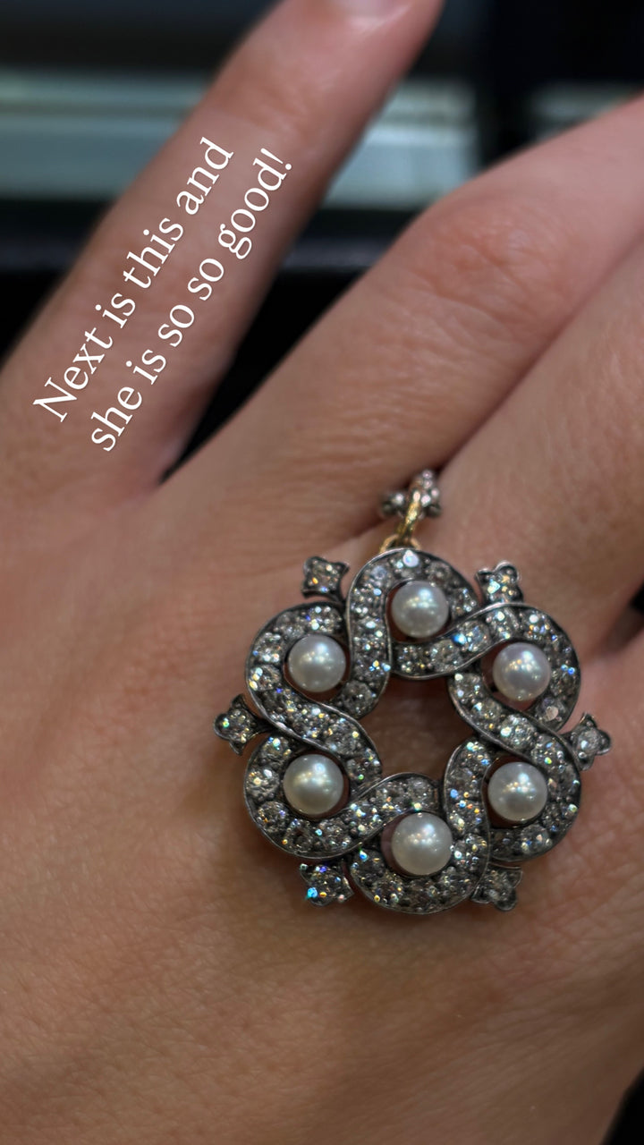 Superb Victorian Pearl and Diamond Pendant in 18-Carat Gold and Sterling Silver with Silver Chain