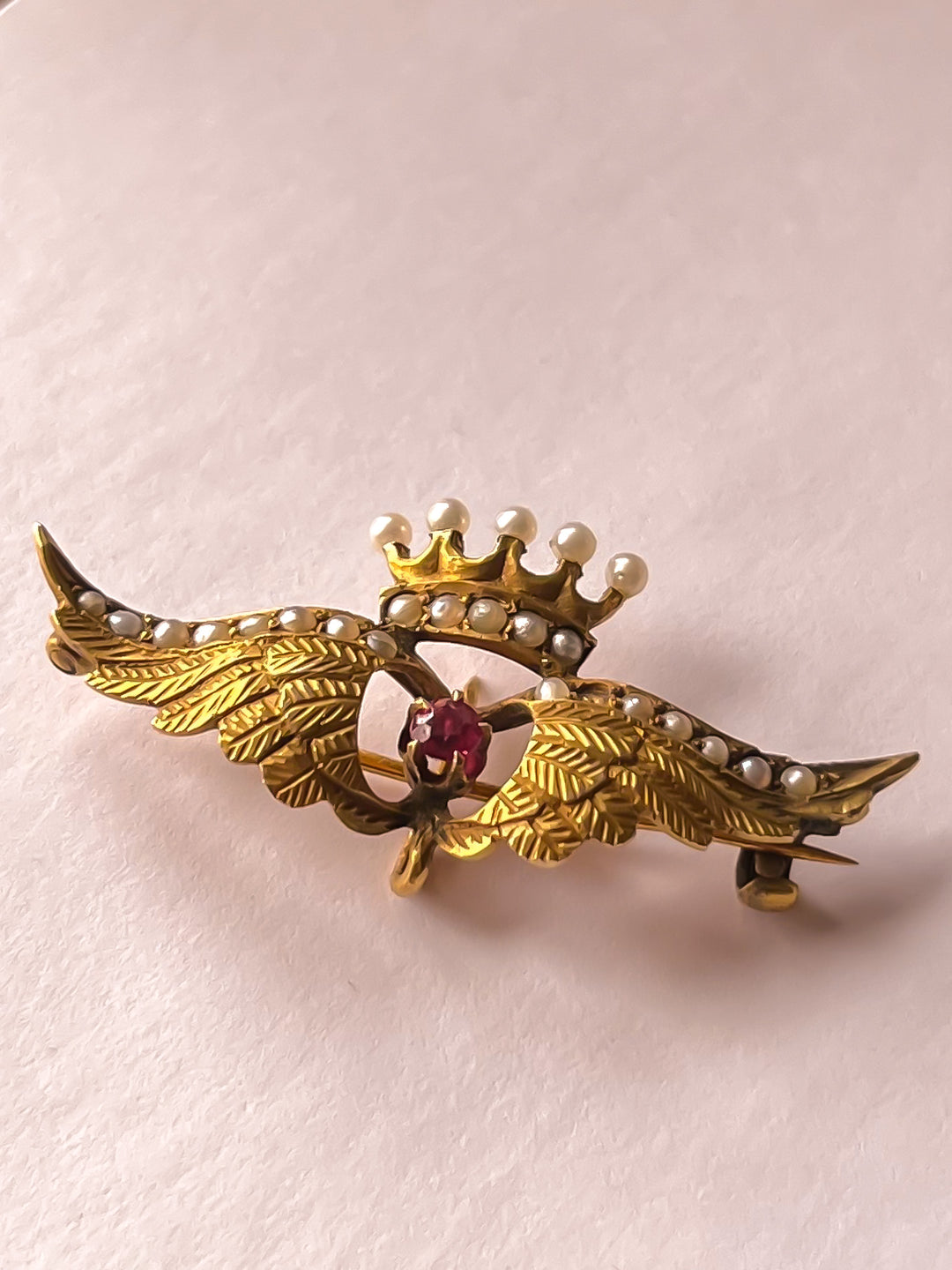 Winged Ruby Heart Brooch in 14ct circa 1890