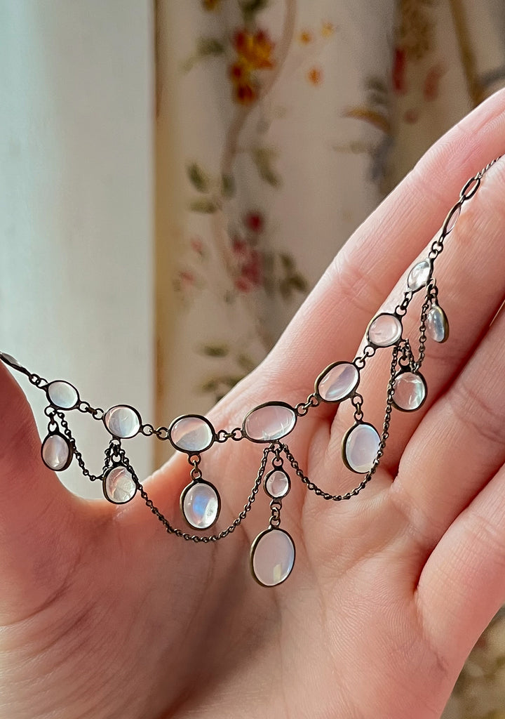 Edwardian Sterling Silver And Moonstone Fringe Necklace C. 1910